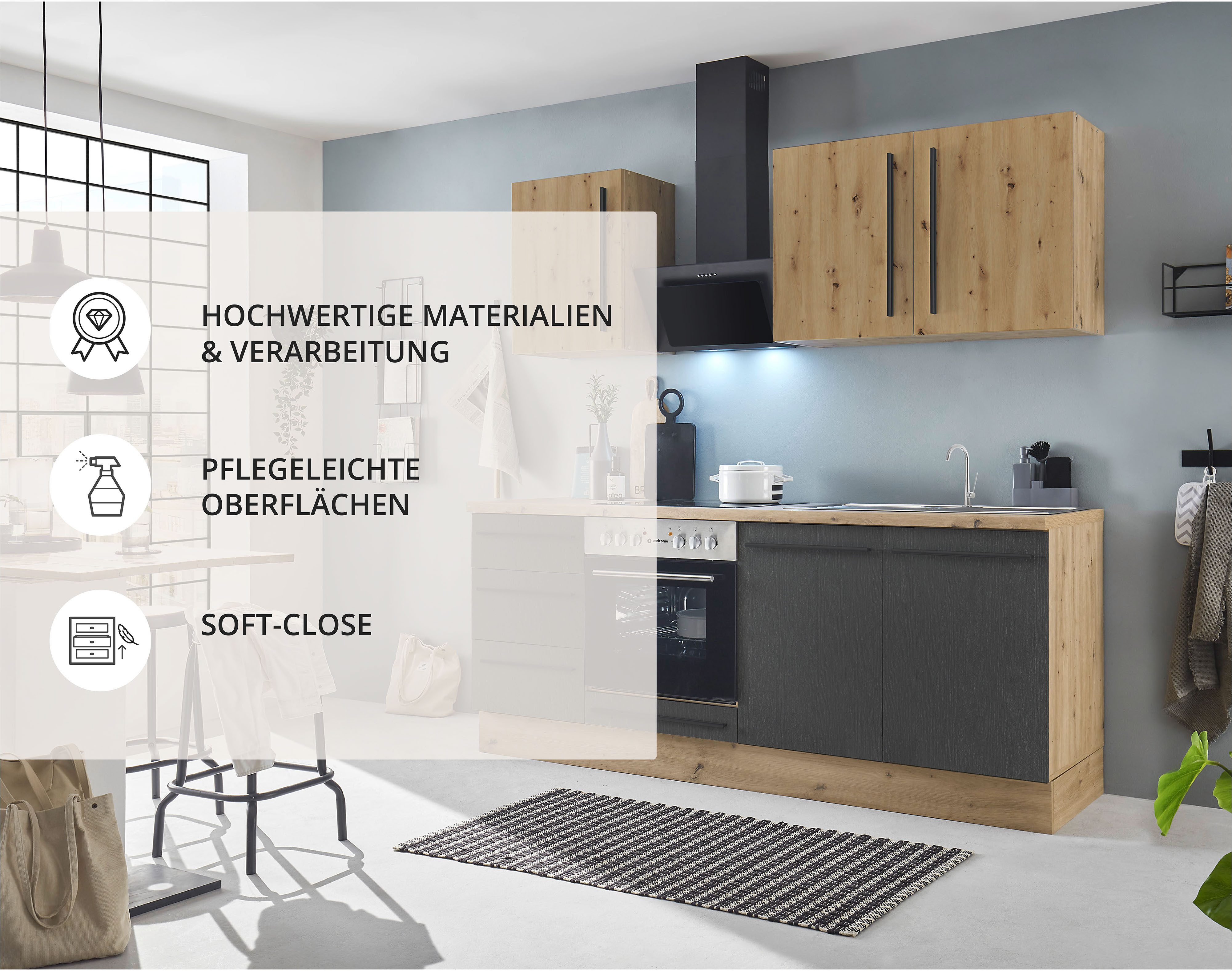 KOCHSTATION Küchenzeile KS-Florida mit 38mm starker Arbeitsplatte, Breite 210 cm, wahlweise mit E-Geräten, Soft-Close-Funktion