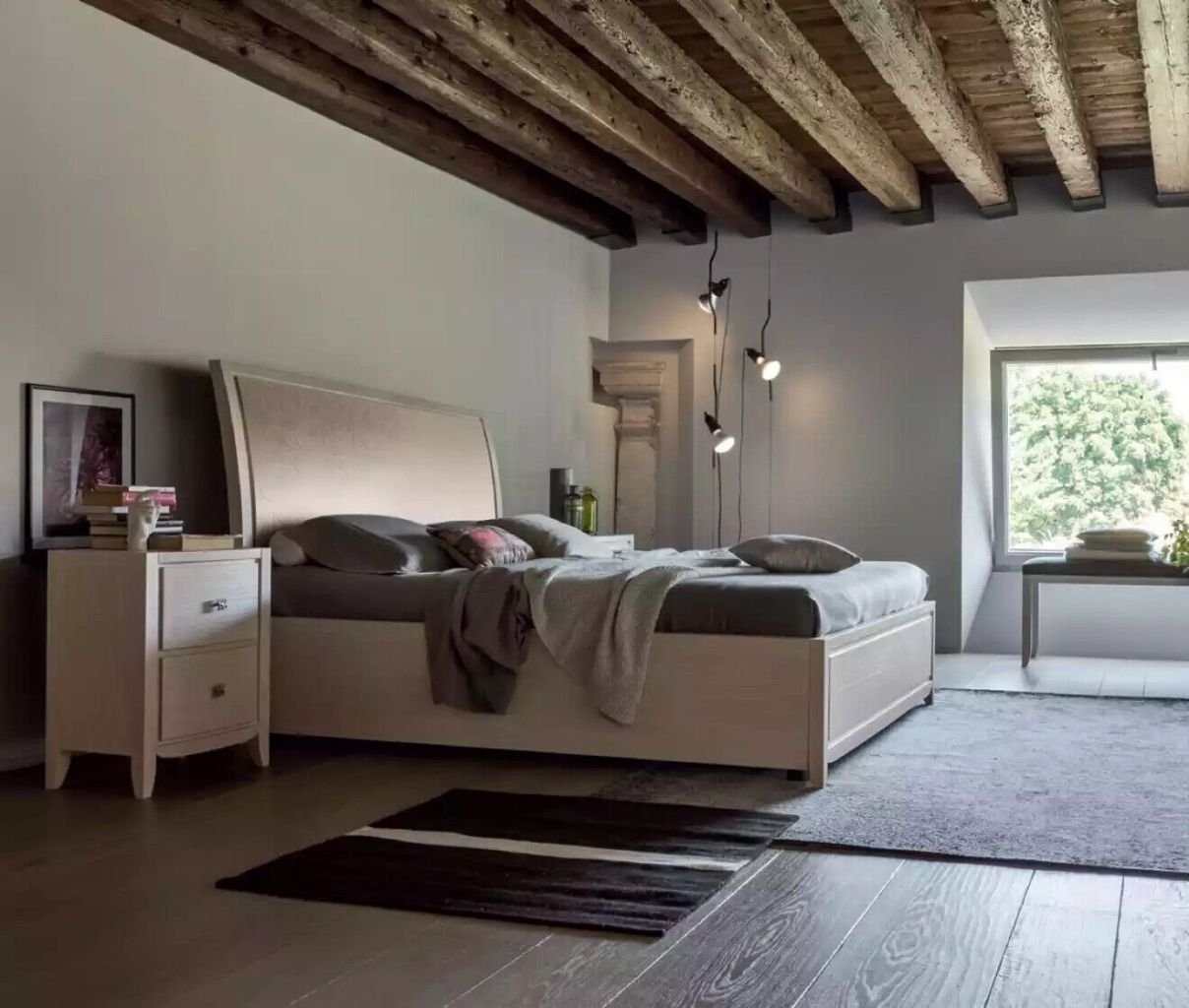 JVmoebel Schlafzimmer-Set Bett 2x Nachttische Komplettes Schlafzimmer Set Möbel Beige 3tlg, (3-St., 1x Bett + 2x Nachttische), Made in Italy