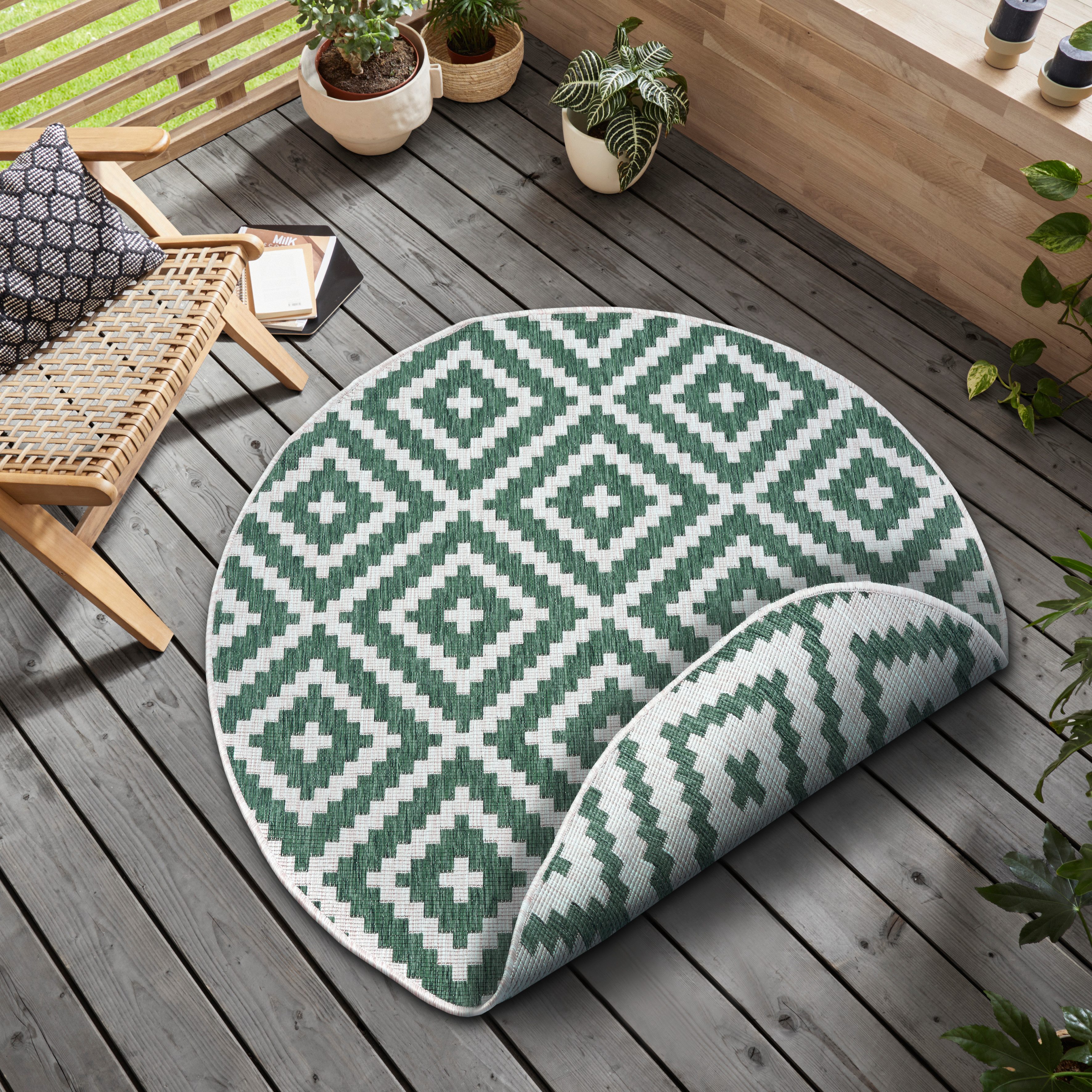 OTTO home Teppich Ronda Wendeteppich, rund, Höhe: 5 mm, Sisal-Optik, Flachgewebe, In- und Outdoor, geometrisches Boho Design