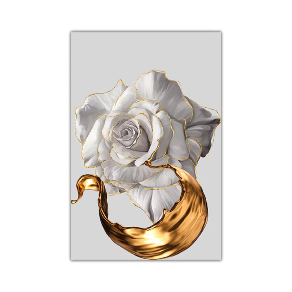 TPFLiving Kunstdruck (OHNE RAHMEN) Poster - Leinwand - Wandbild, Weiße Rose mit goldenem Blatt - (3 Motive und in 19 Größen zur Auswahl - Günstiges 3-er Set), Farben: Gold, Weiß - Größe: 30x40cm