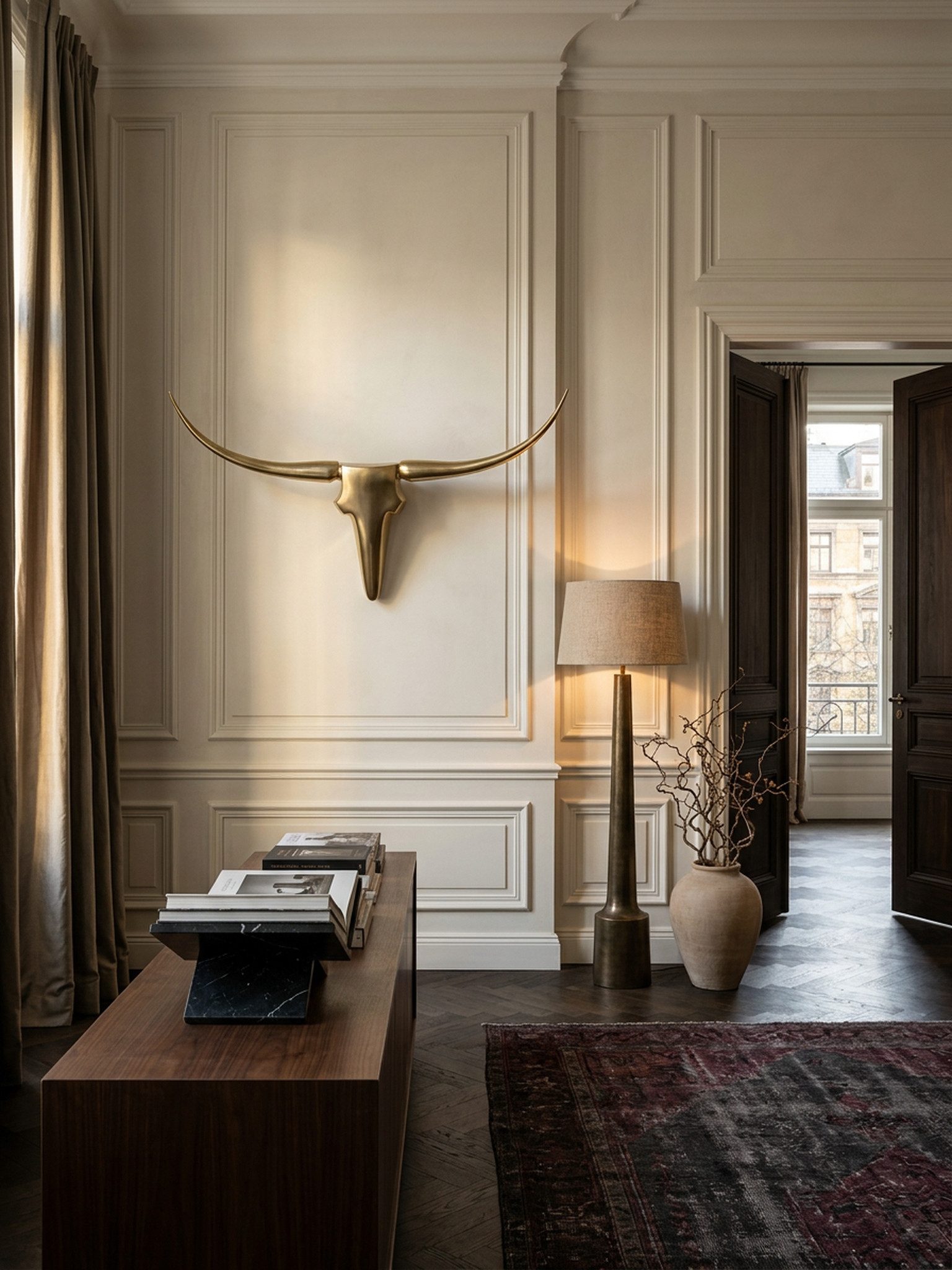 KADIMA DESIGN Wanddekoobjekt Deko Geweih Bull M WL1.392 Gold 100 cm Aluminium Design Hörner, (Wanddekoration Stierkopf Horn Modern, Wandskulptur Geweih-Jagdtrophäe)