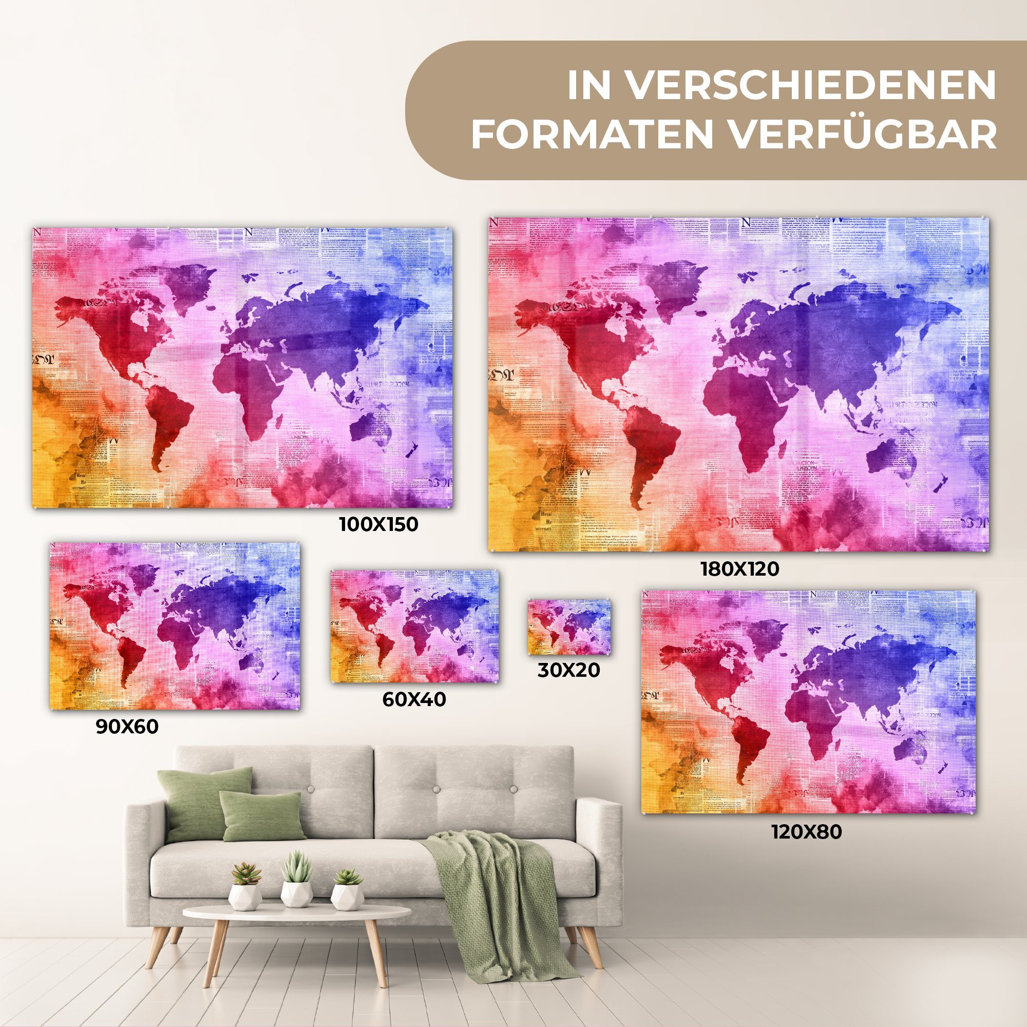 - Weltkarte Glasbilder auf Foto MuchoWow Wandbild Glas Wanddekoration - (1 Acrylglasbild - Aquarell Glas Bilder - Regenbogen, auf St), -