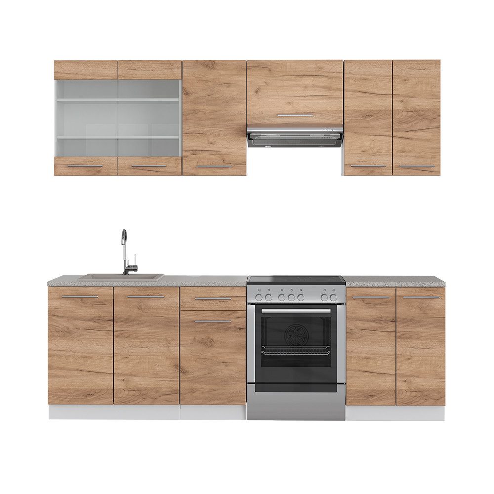 Vicco Küchenzeile Fame-Line, Goldkraft Eiche/Weiß, 240 cm, AP Marmor