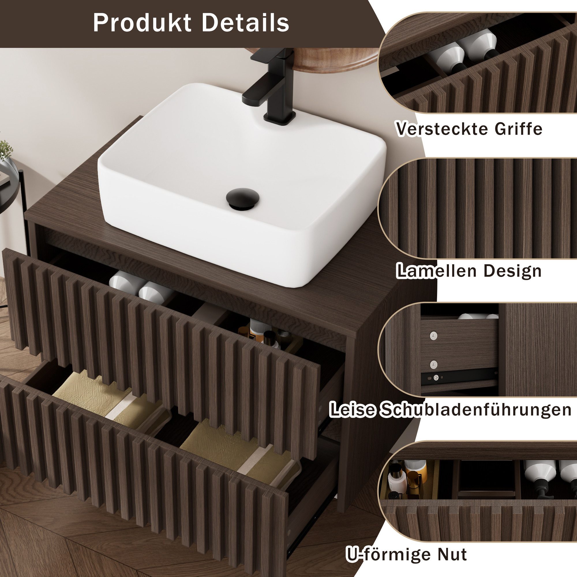 UEV Unterschrank Waschbeckenunterschrank Hängeschrank Badezimmerschrank Wandschrank (Badmöbel, Badezimmmer Schrank) Soft-close Schubladen,Waschbeckenunterschran – Bild 5 von 5