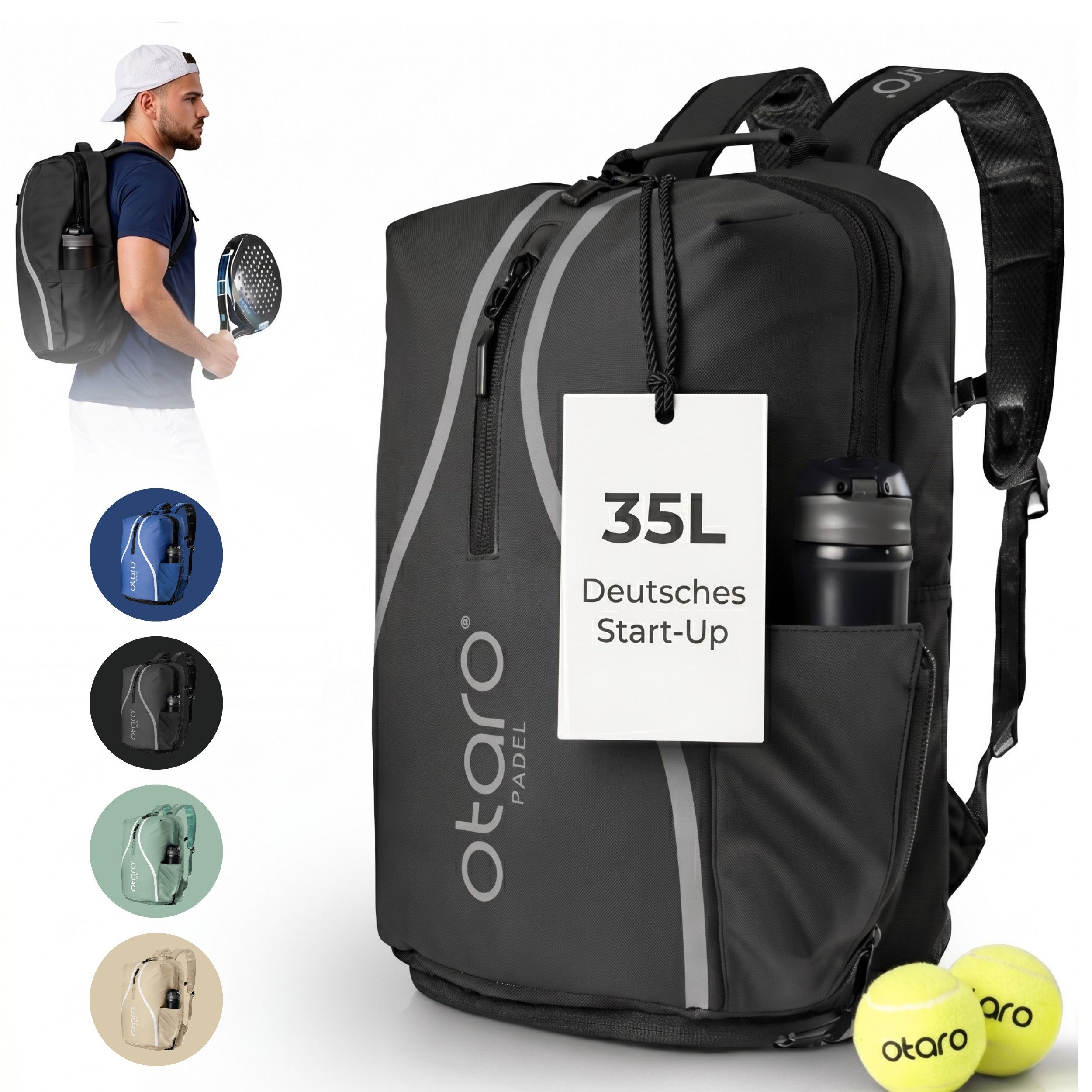 Otaro Tennisrucksack mit Schuhfach (35L), Padelrucksack für 2 Padel Schläger, Padeltasche (Perfekt durchdacht für Padel-Ausrüstung, mit Schlägerfach, Schuhfach, Laptopfach & Getränkehalter), wasserabweisender Padel Rucksack für Herren & Damen