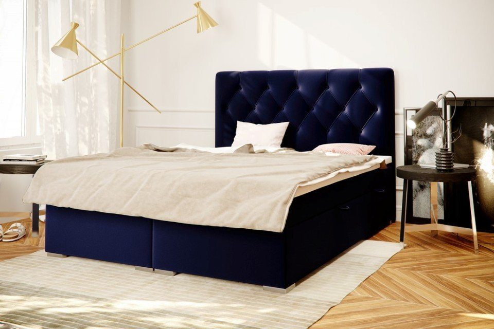Bettkasten Betten Boxspring Bett JVmoebel Luxus Polster Bett Doppel Blau Hotel