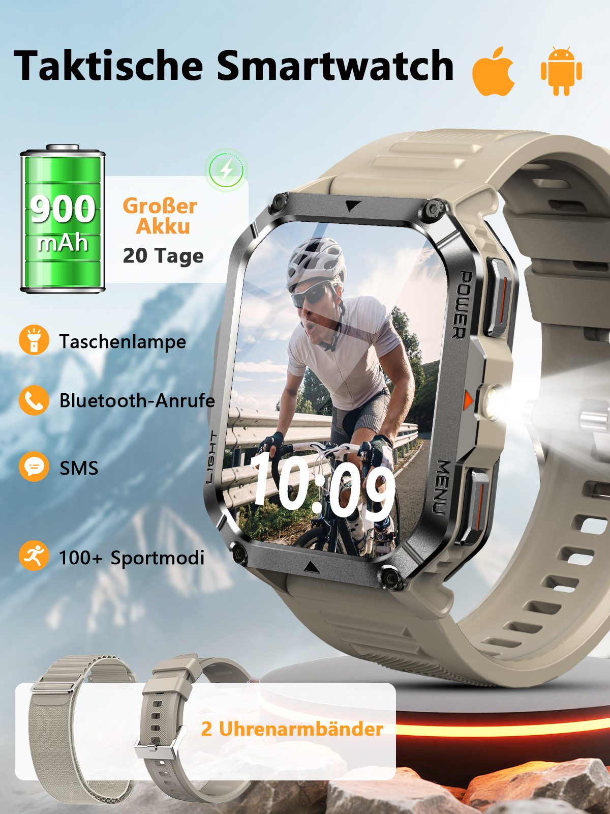 blackview Militär-Smartwatch Herren mit 900mAh Akku/LED-Taschenlampe/Kompass/SOS Smartwatch (2.01 Zoll, iOS/Android), 2×Riemen (Silikonband + gewebtes Band) 1×magnetisches Ladekabel, Herzfrequenz,SpO₂& Schlafüberwachung,100+ Sportmodi,Schrittzähler,IP68