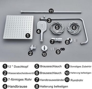 harnart Duschsystem Ohne Armatur Edelstahl Duscharmatur Komplettset Set Duschstange, Höhe 123 cm, 3 Strahlart(en), Duschstange mit brause Chrom Duschkopf SchlauchHalterung 30x30cm Eckig