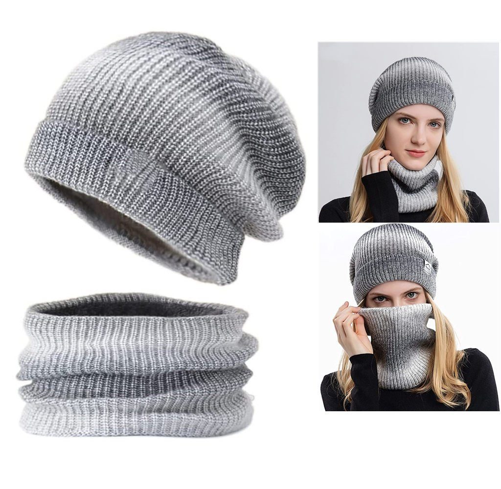 Wintermütze XDeer Mütze Grau Strickmütze mit mit Mütze & Damen Wintermütze Schal Schal Farbverlauf Mütze Set,Wollmütze Warme Schal