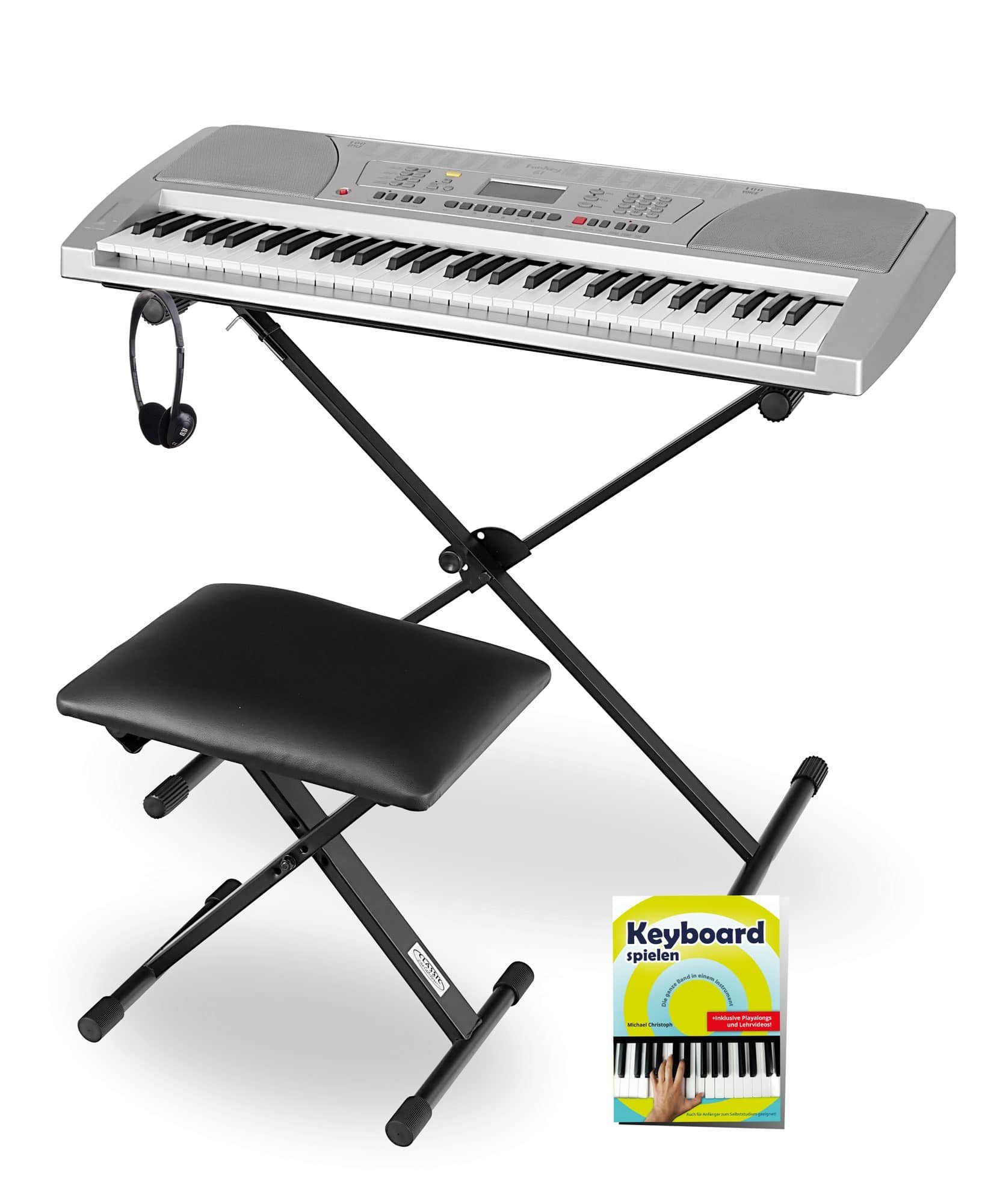 FunKey Home Keyboard Super Kit 61 Tasten Keyboard Set - Einsteiger Keyboard, (100 Sounds und Rhythmen, 5 tlg., Inkl. Ständer, Bank, Schule, Kopfhörer & Notenhalter), mit Begleitautomatik und Intelligent Guide