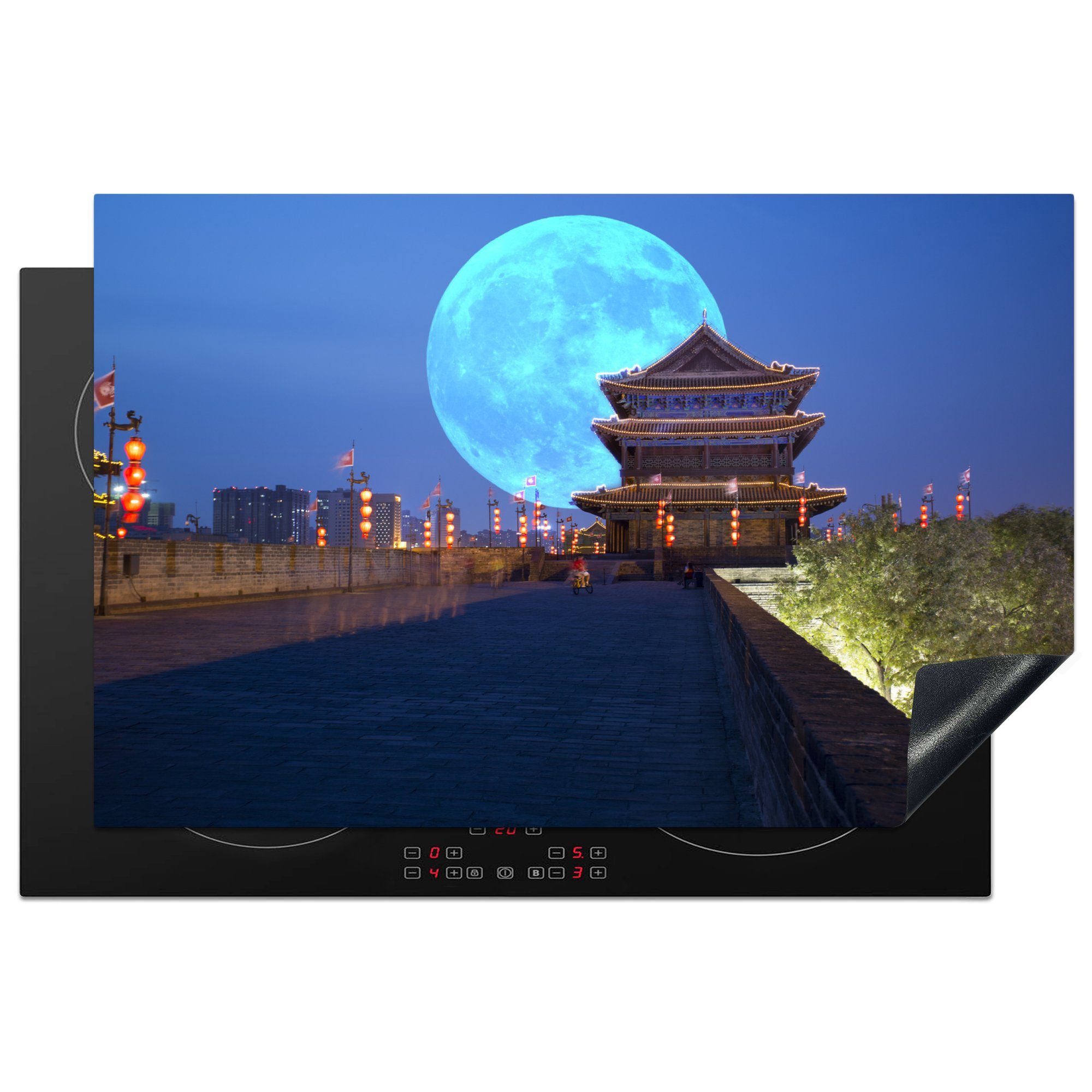 MuchoWow Herdblende-/Abdeckplatte Mond - China tlg), Ceranfeldabdeckung 81x52 für Induktionskochfeld Vinyl, (1 küche, - die Schutz Blau, cm