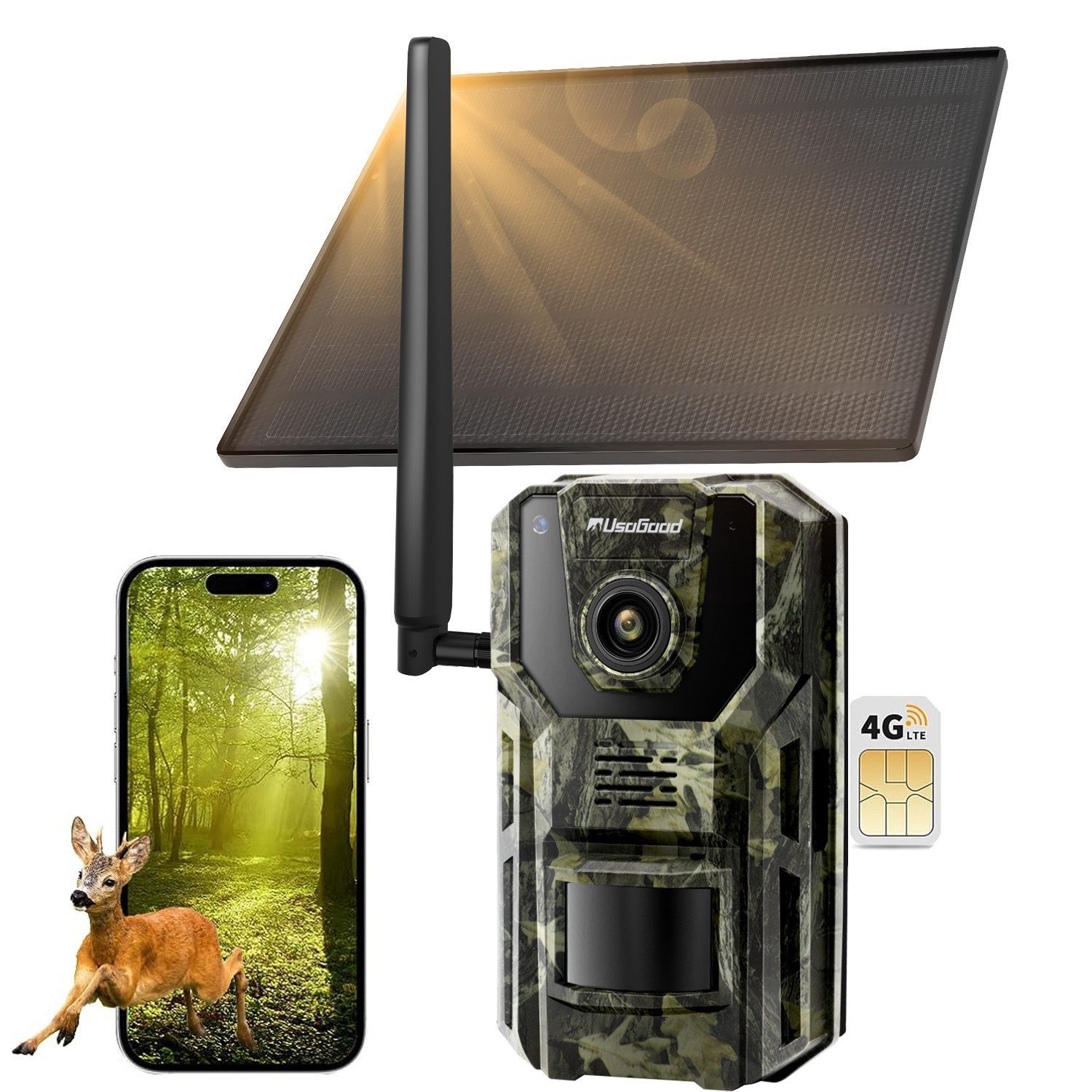 Usogood Wildkamera 4G Wildkamera mit SIM Karte LTE Solar Wildtierkamera (Aussen, außen, Außenbereich, Für Garten Haustierüberwachung, Wildtierkamera mit Handyübertragung App 940nm Infrarot Nachtsichtkamera, 1-tlg., Jagdkamera PIR Bewegungsmelder 120 °Weitwinkel 2-Wege-Audio, 0,2s Auslösezeit IP66 Wasserdicht 2K Überwachungskamera Aussen)