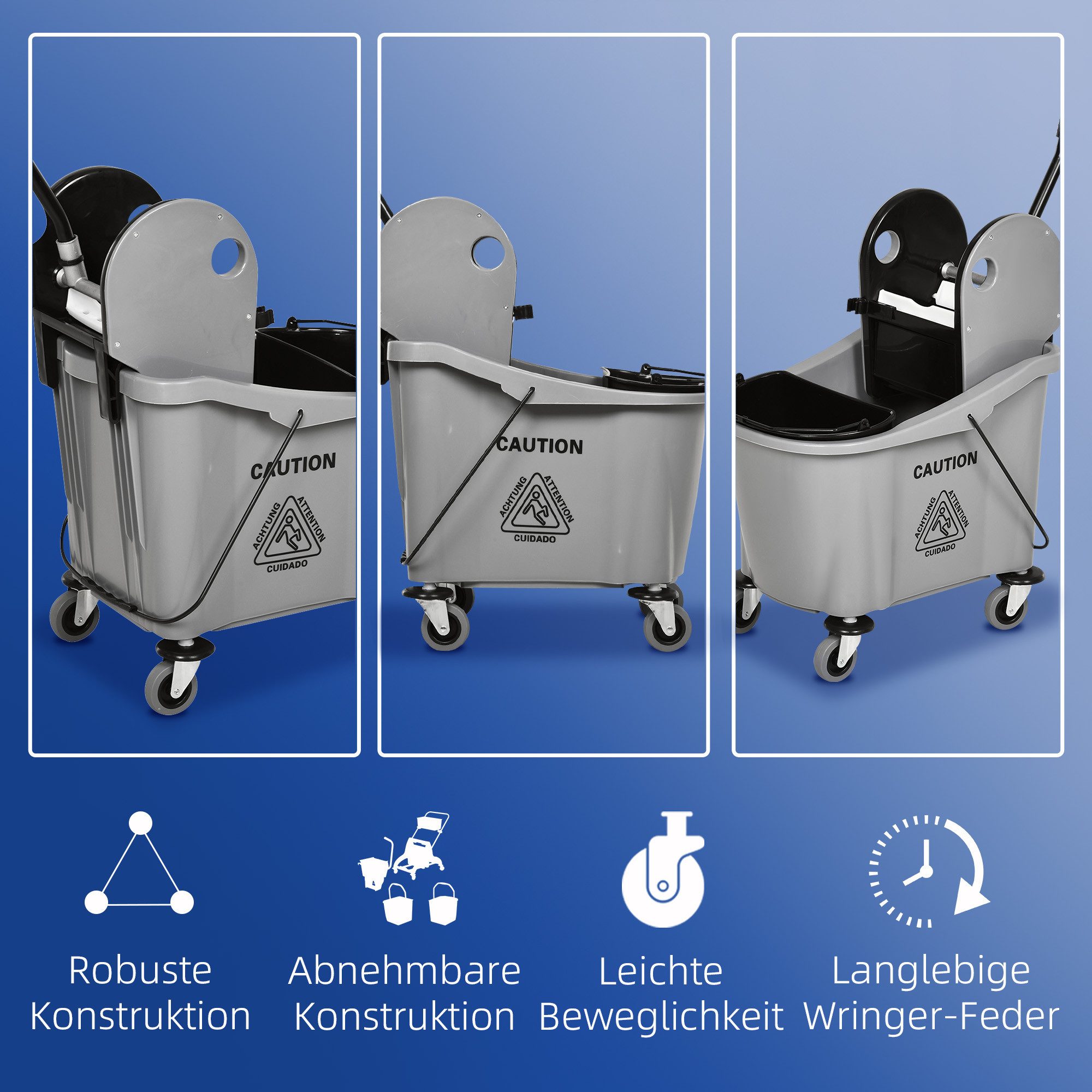 HOMCOM Putzeimer mit Wringer Reinigungswagen, 4 bewegliche Räder, 2 separate Eimer, (Mop-Eimer, 1-tlg., Reinigungswagen), für Wohnzimmer, Grau