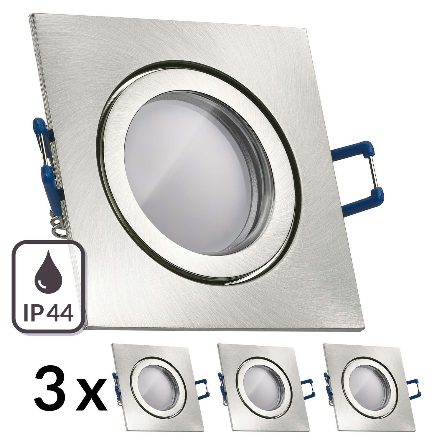 LEDANDO LED Einbaustrahler 3er IP44 LED Einbaustrahler Set Silber gebürstet mit LED GU5.3 / MR16