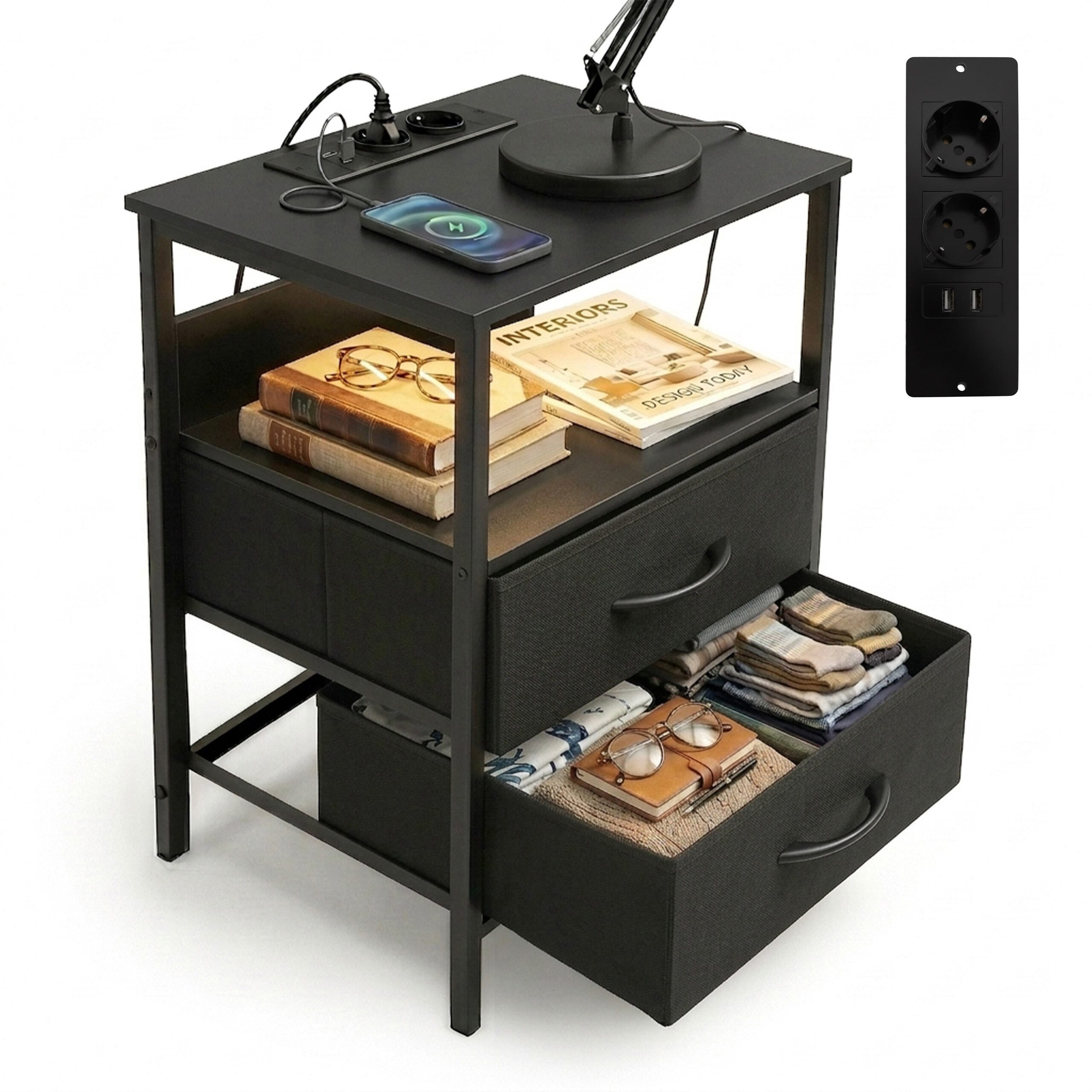 relaxdays Nachttisch Beistelltisch mit LED & USB-Anschluss, schwarz