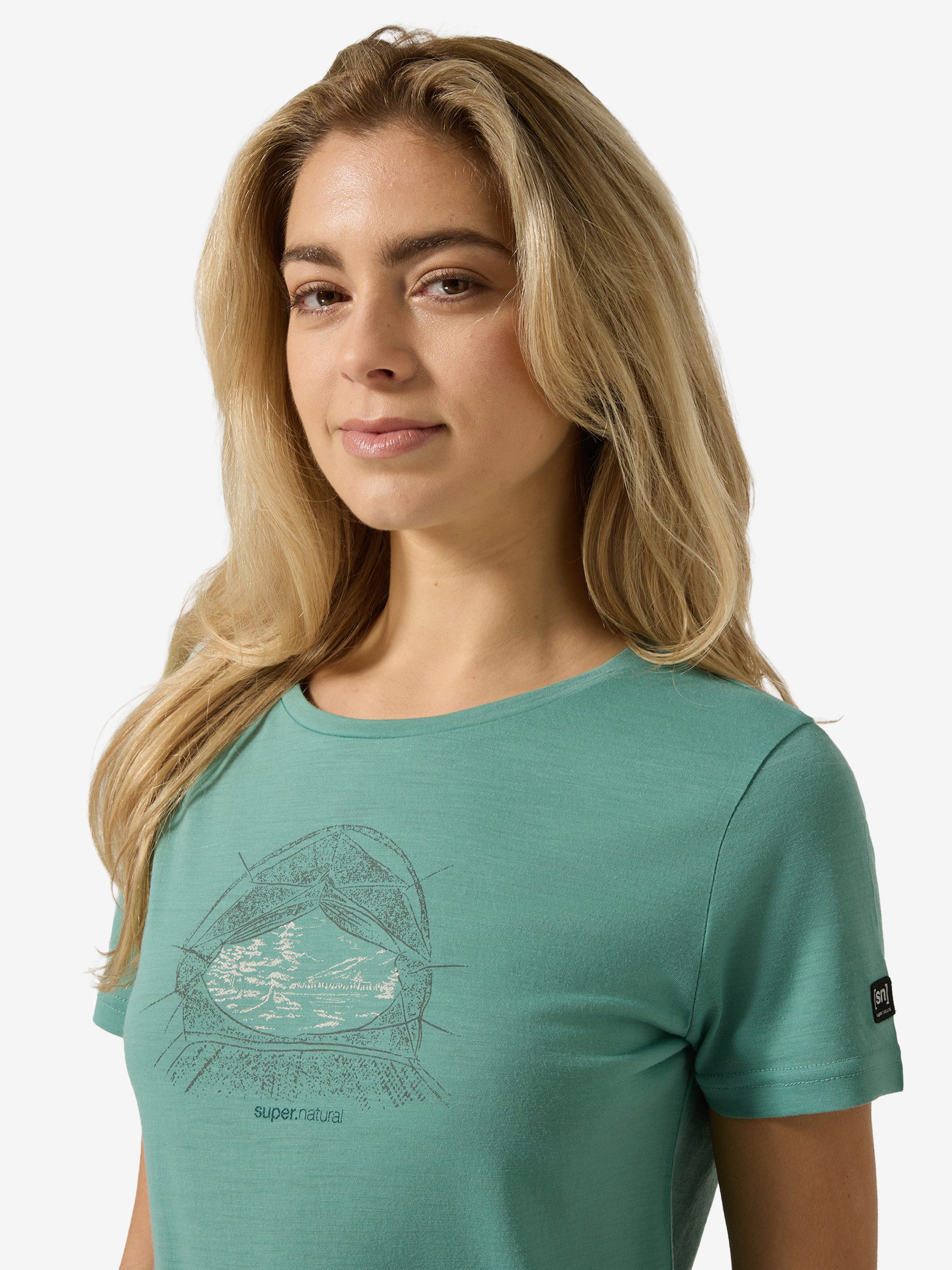 SUPER.NATURAL T-Shirt für Damen,Merino W TENT VIEW TEE mit Berg-Motiv, atmungsaktiv
