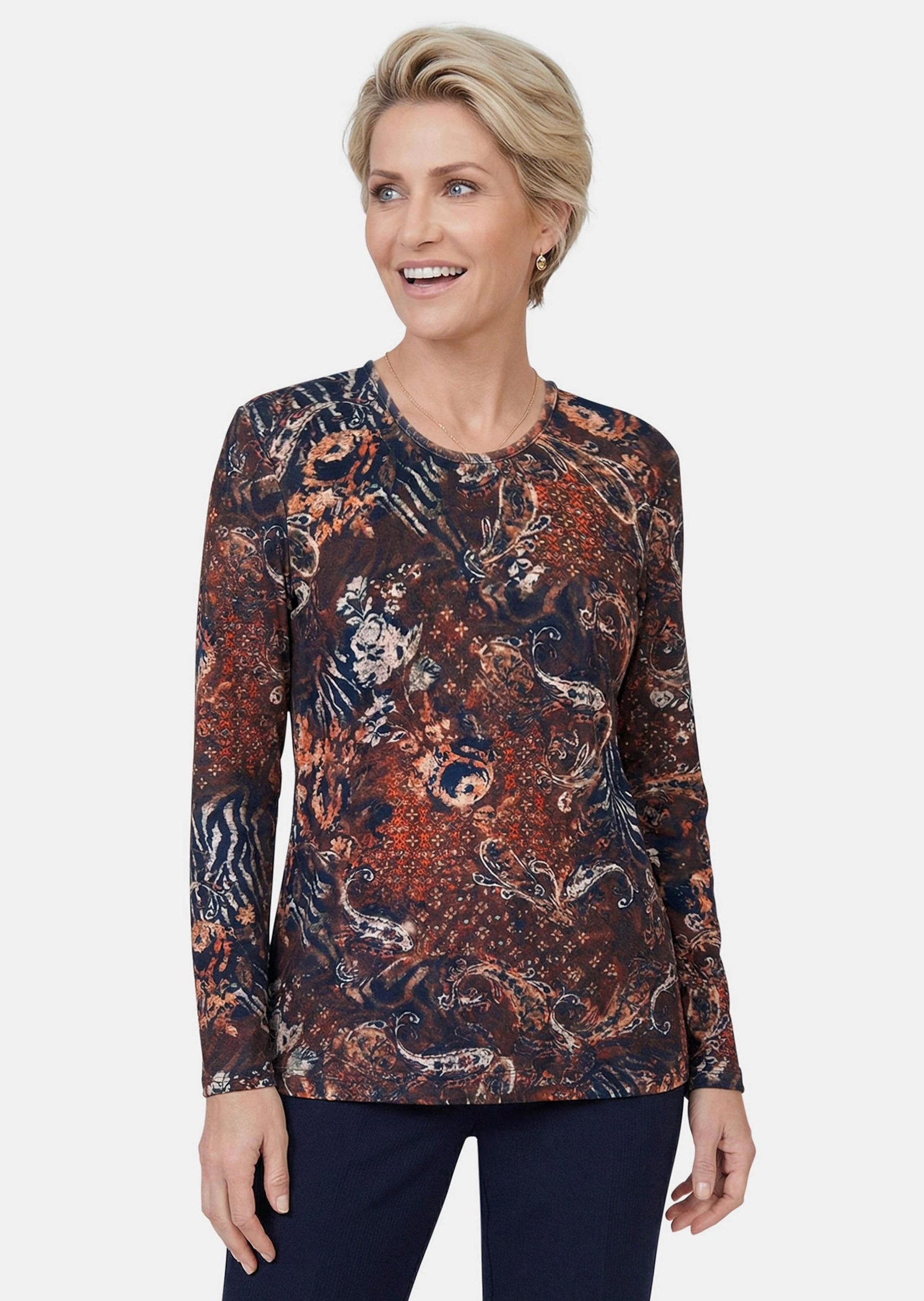 GOLDNER Print-Shirt Kurzgröße: Jerseyshirt mit Paisley Figurumspielendes Langarmshirt mit Soft Touch und Rundhals