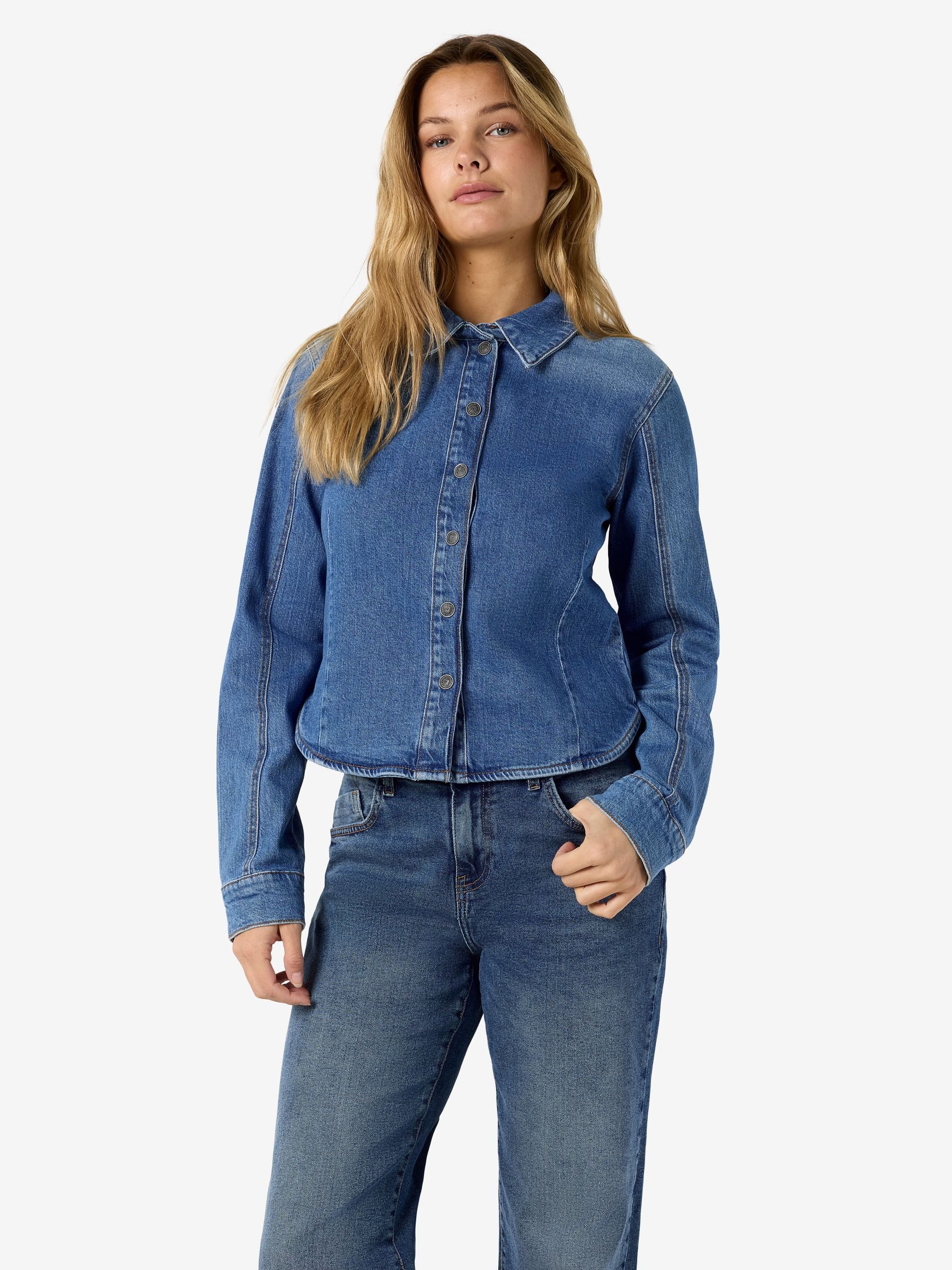 Noisy may Blusenshirt Knopfleiste Kentkragen Regular Fit Unifarben Denim Look für Damen (1-tlg) Recyceltes Material, Nachhaltig, Baumwolle, Tragekomfort, Zeitlos