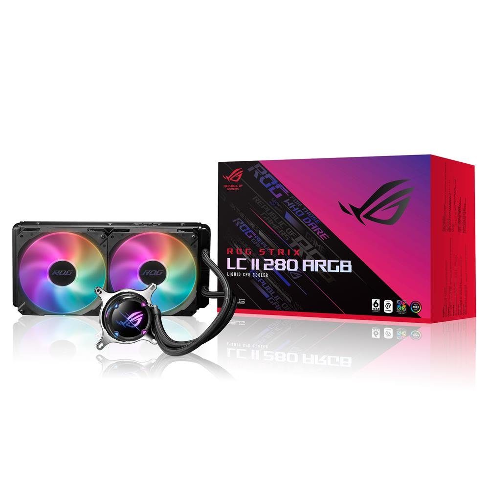 Asus CPU Kühler ROG Strix LC II 280 ARGB, All-in-One CPU-Wasserkühlung Aura Sync zwei ROG-140mm-Lüfter RGB sw