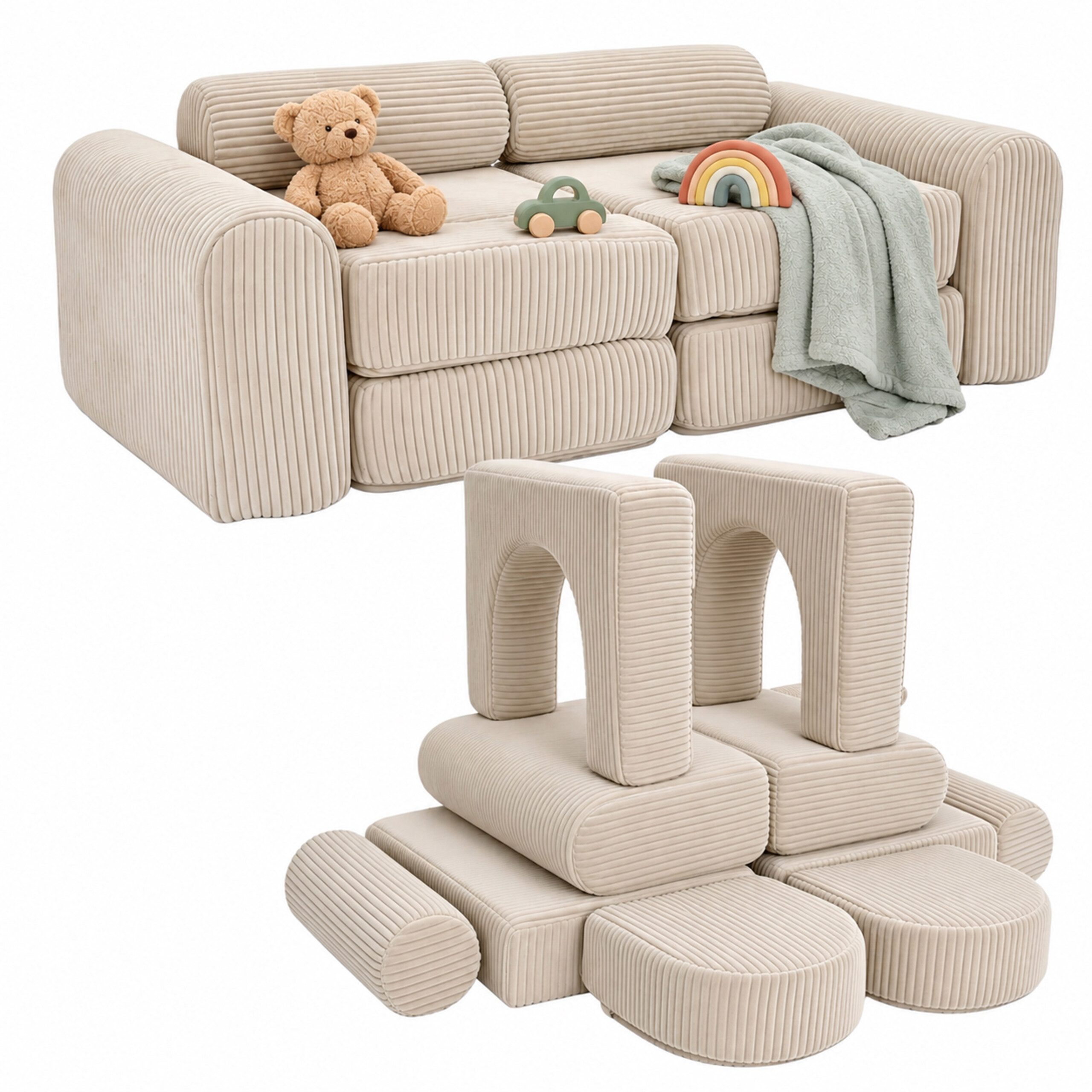 relaxdays Kindersofa 10-tlg. Kinder Spielsofa modular, 10 Teile, Beige