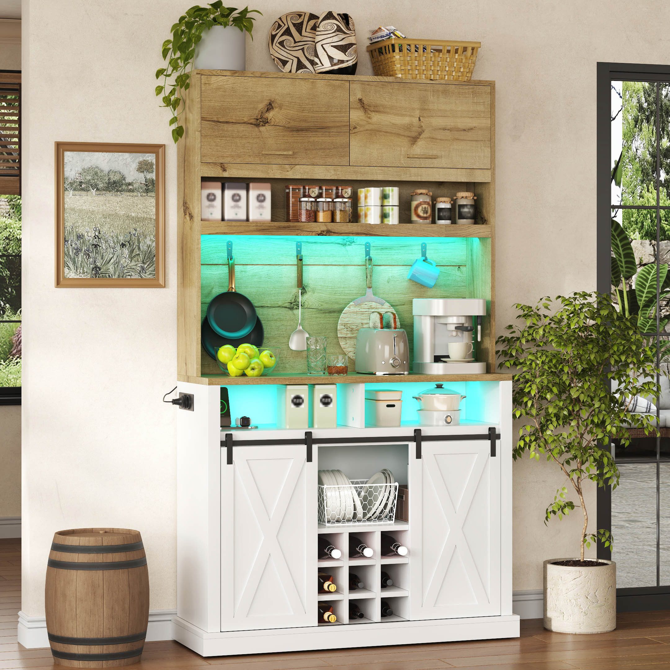 Flieks Küchenbuffet Hochschrank mit LED-Beleuchtung, Steckdose, Haken, Weinregal (1-St., B110/T42/H191 cm) Küchenschrank mit Arbeitsplatte in Holzoptik Mehrzweckschrank Weiß