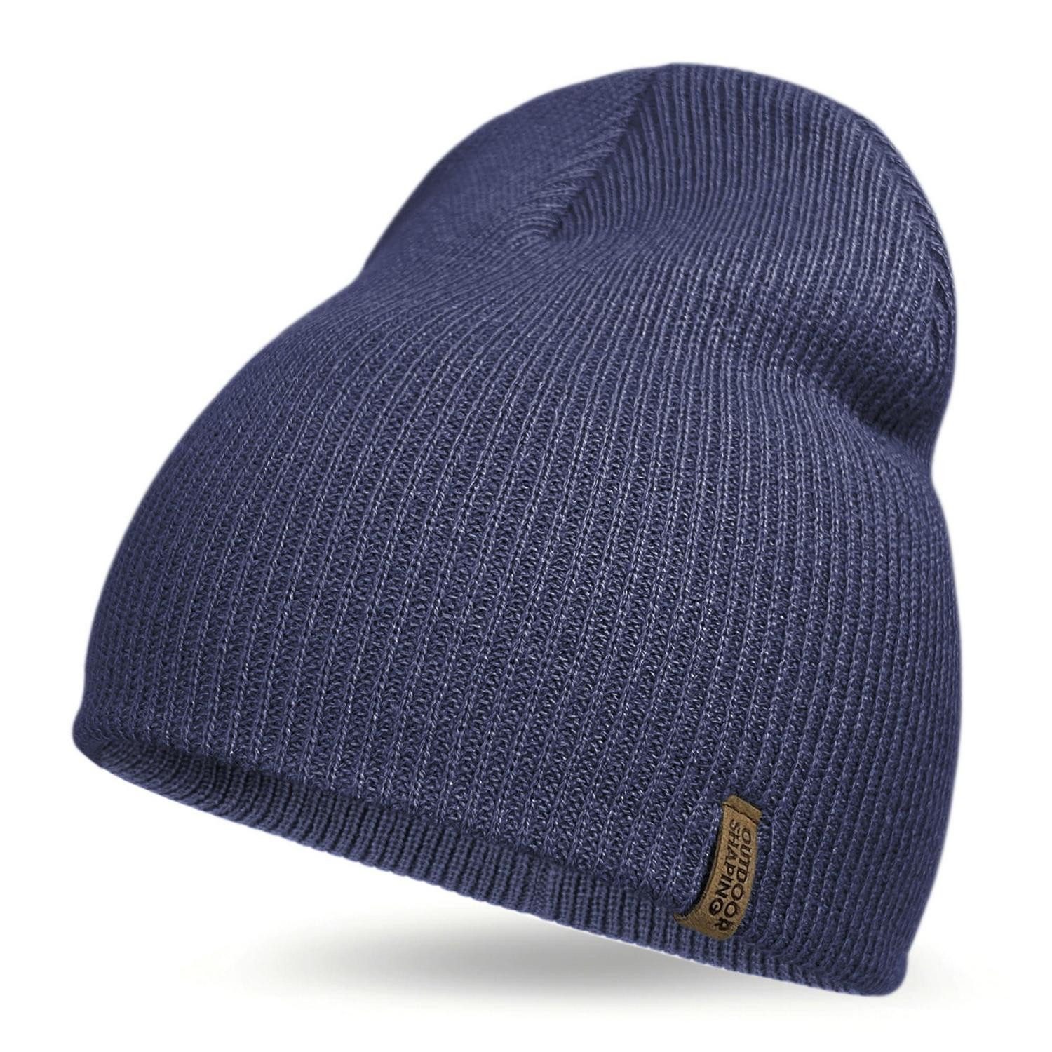 Strickmütze Beanie Unisex Strick Wolle Lederpatch Umschlag Outdoor Dunkelblau