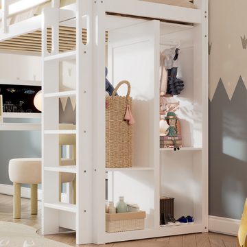 Flieks Hochbett Kinderbett 90x200cm mit Schreibtisch, offenen Kleiderschrank, Regalen
