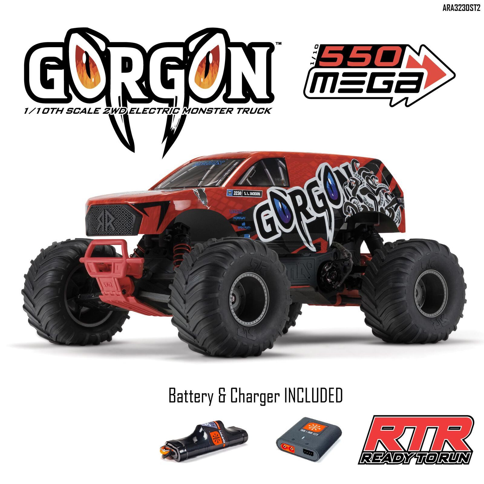Arrma RC-Buggy Arrma Gorgon 4x2 Mega 550 Monstertruck Rot RTR 1:10 mit Akku, Lader