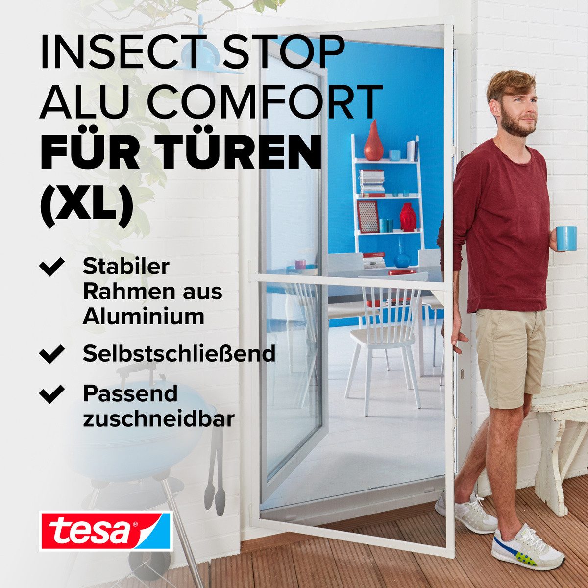 tesa Insektenschutz-Tür Aluminium Rahmen Fliegengitter für Türen XL & Clear View - 120x240cm, (Packung, 1-St., Fliegennetz, Aluminiumrahmen), einfache Montage