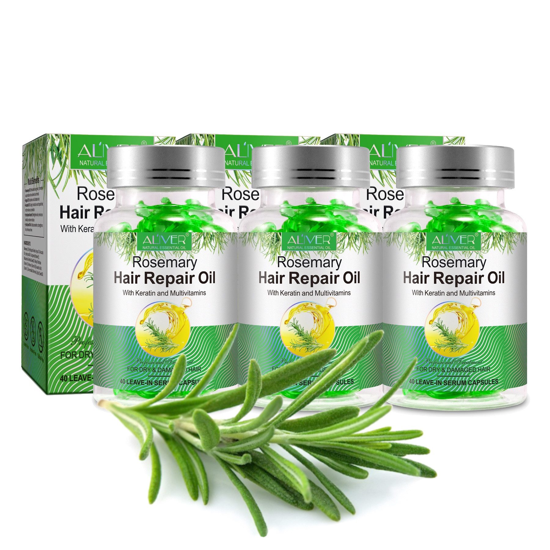 ALIVER Haaröl Rosmarinöl Ätherisches Öl Haarwachstum Haarpflege in Kapseln Bio Vegan, 3-tlg.