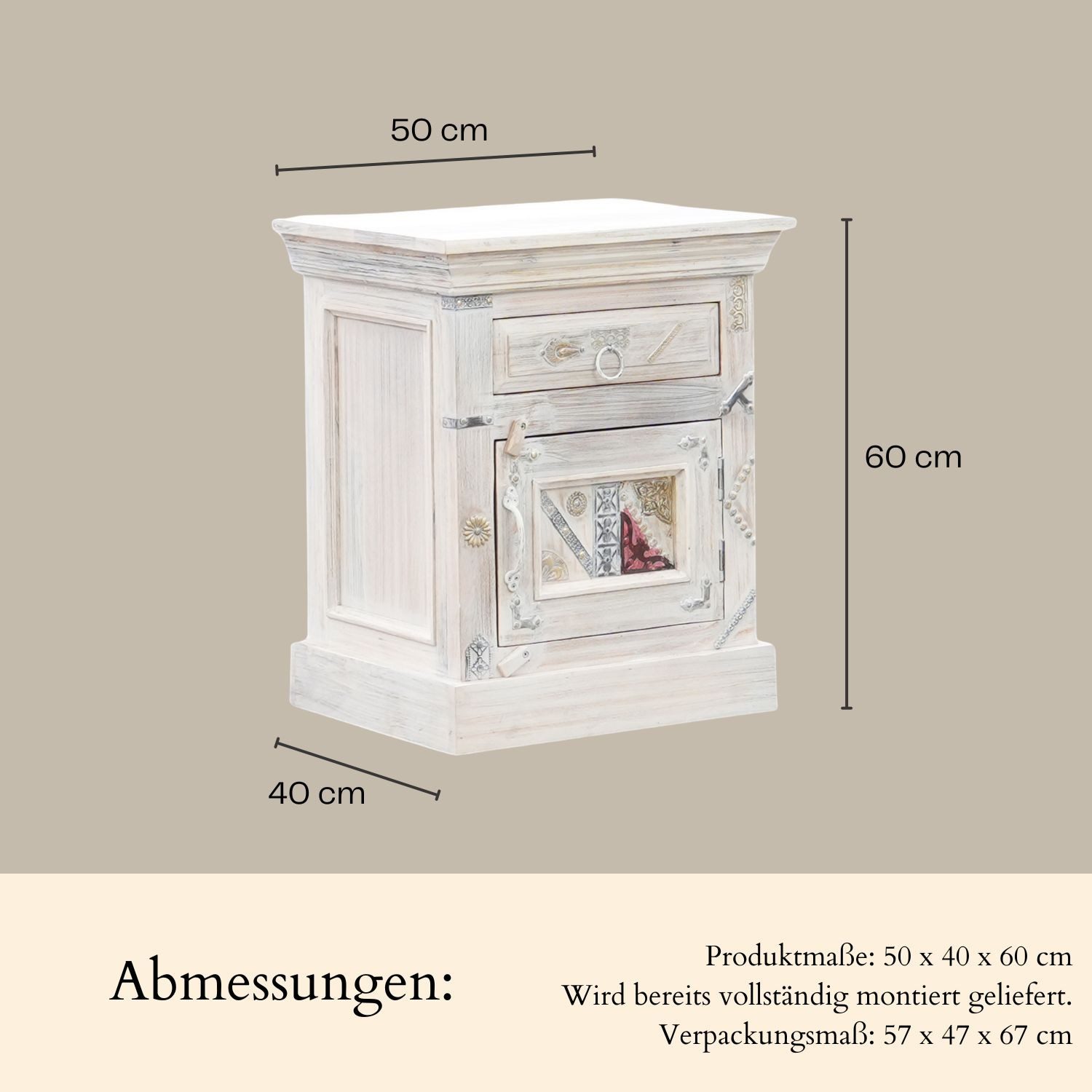 Marrakesch Orient & Mediterran Interior Nachttisch Boho Nachttisch Antara handgefertigt aus Massivholz in Weiß 60 cm (1-St), Handarbeit