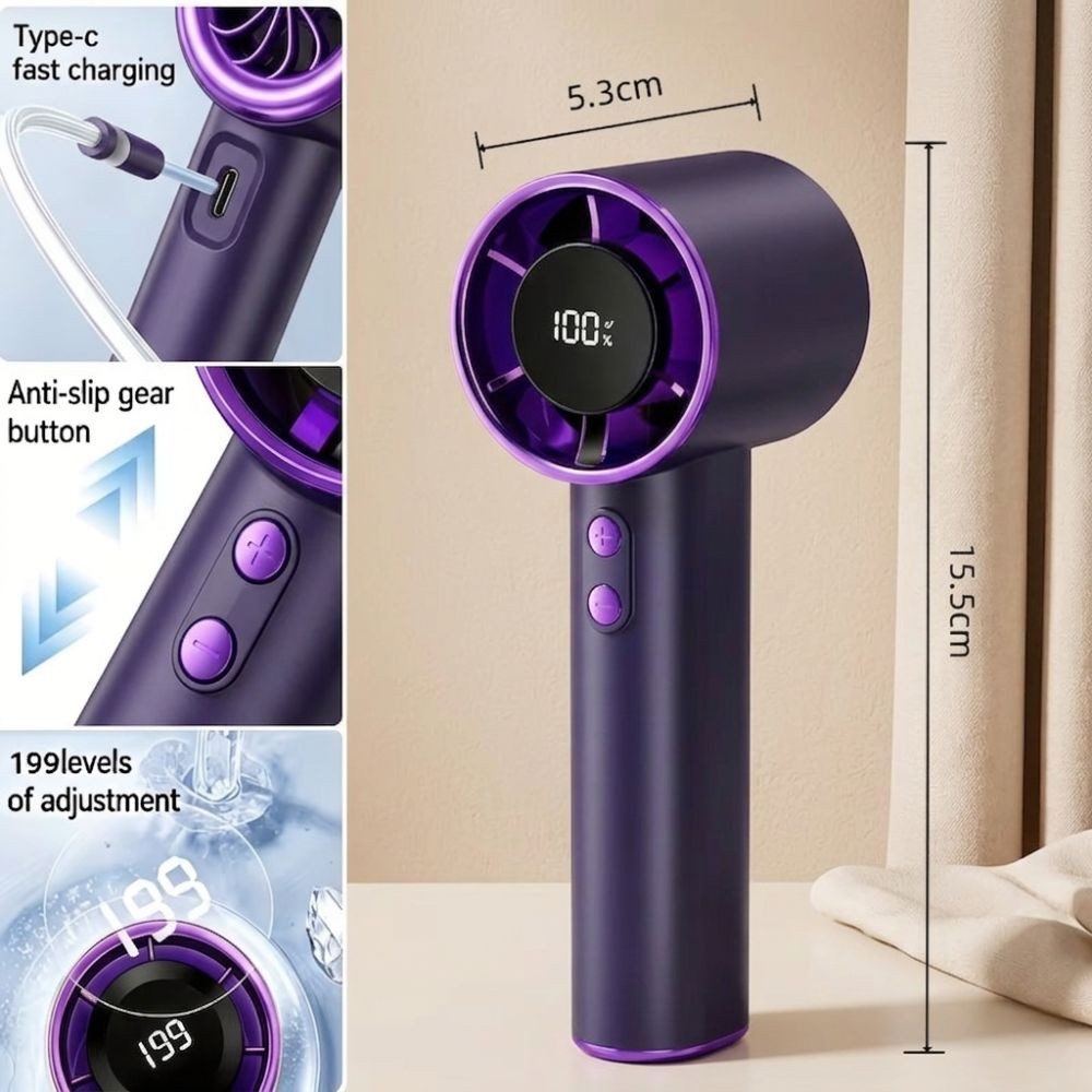 Montegoni Handventilator Tragbarer Mini USB Ventilator, Handventilator USB Ventilator, Digitaldisplay, Starke Windleistung, leise & USB-aufladbar