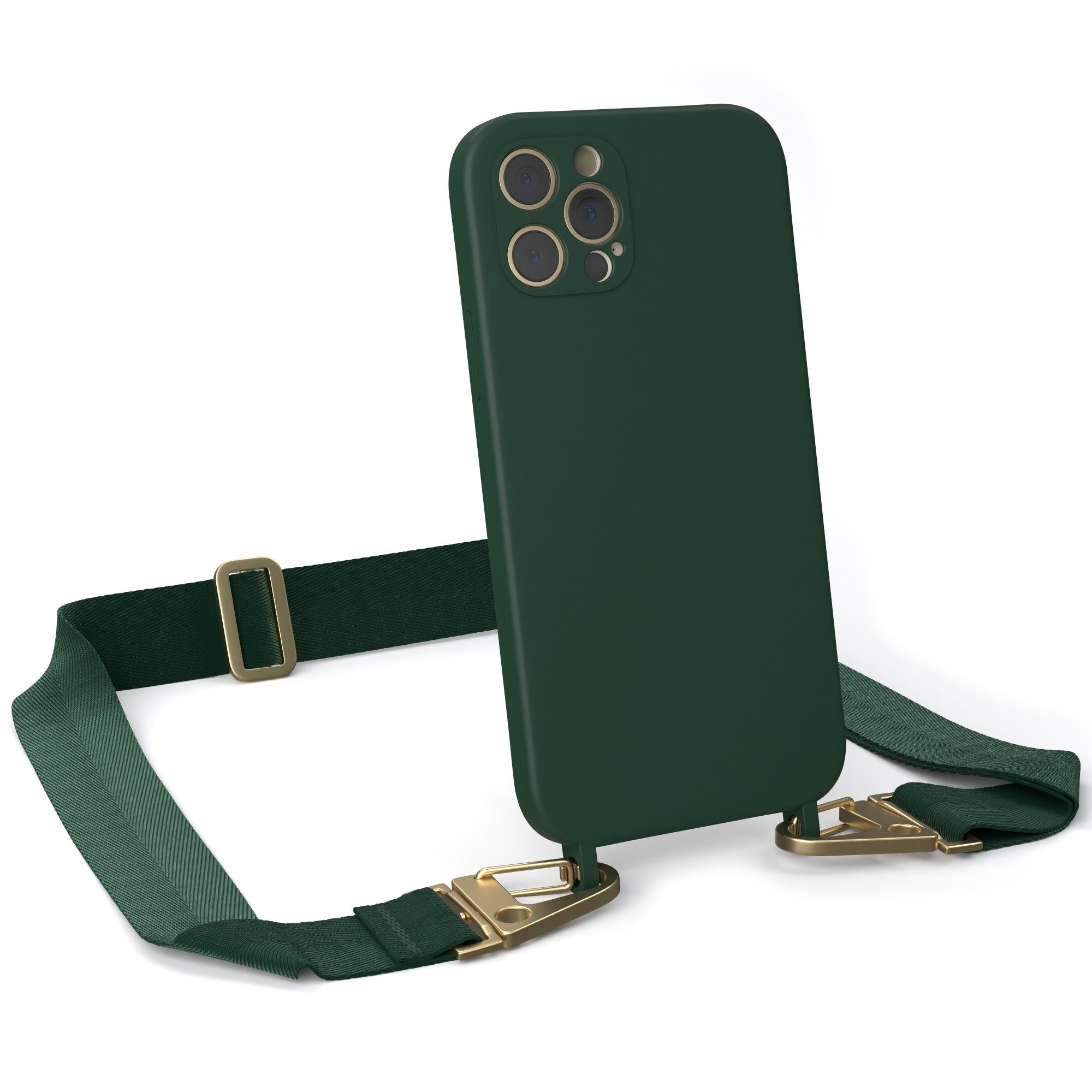 EAZY CASE Handykette Karabiner Breitband für Apple iPhone 12 Pro 6,1 Zoll, Handytasche durchsichtige Silikon Hülle mit breitem Umhängeband Grün