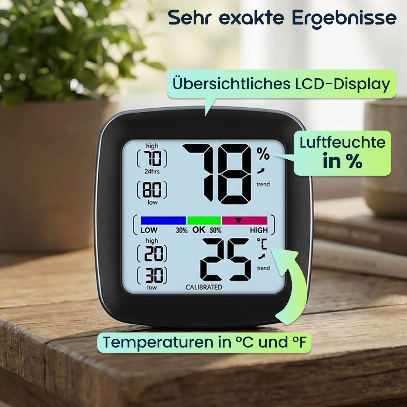 Casativo Hygrometer Digitales Präzisions-Thermo-Hygrometer – kalibrierbar mit LCD-Display, genaue Messung von Temperatur & Luftfeuchtigkeit – Bild 3 von 5