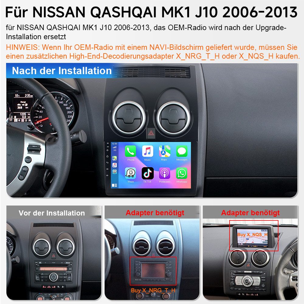A-Sure Für Nissan Qashqai J10 2007-2016 GPS Navi Android 15 Carplay FM RDS BT Autoradio (Digitalradio (DAB), FM, AM, 1280*800 IPS Screen/8-Core CPU)