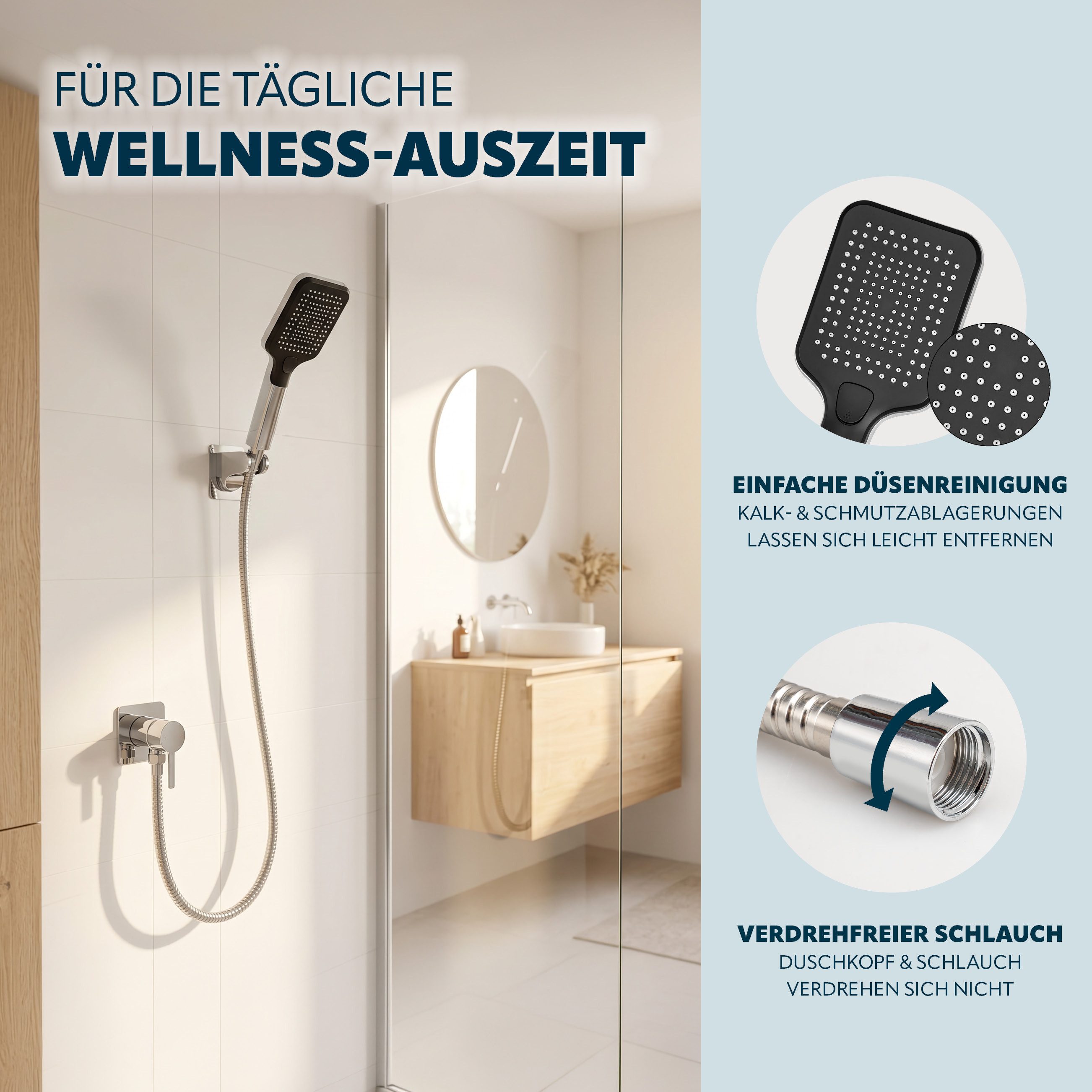 eluno Handbrause inkl. Brauseschlau und Wandhalterung, (3-tlg., Handbrause, Brauseschlauch, Wandhalterung), Wandhalterung zum Kleben – Bild 5 von 5