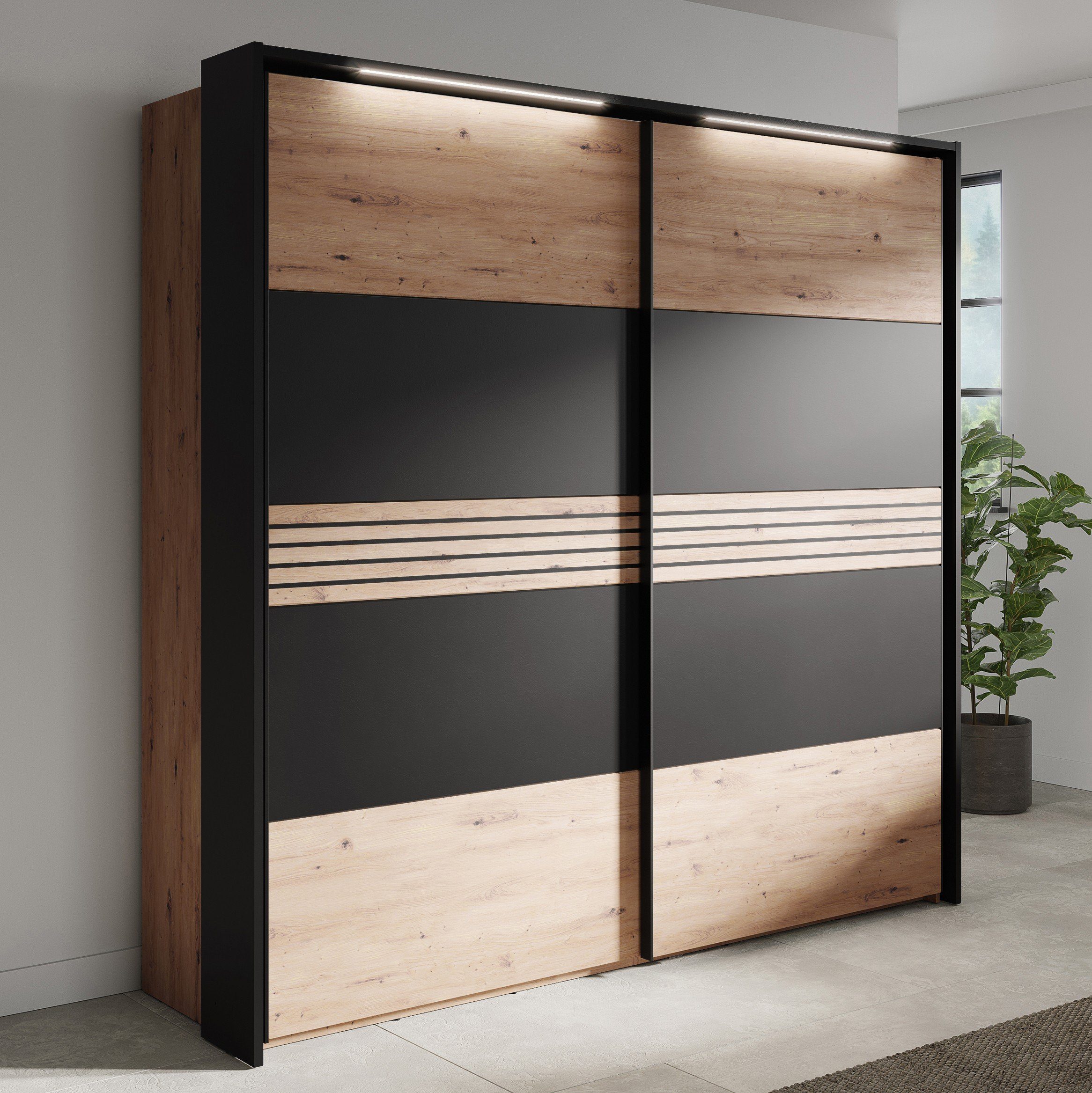 F:Schwarz/Dekor Schwebetürenschrank Eiche möbelando (BxHxT: in ArtisanEiche/K:Artisan 302SX MELIKA 220x213,1x60 Lamellen cm)