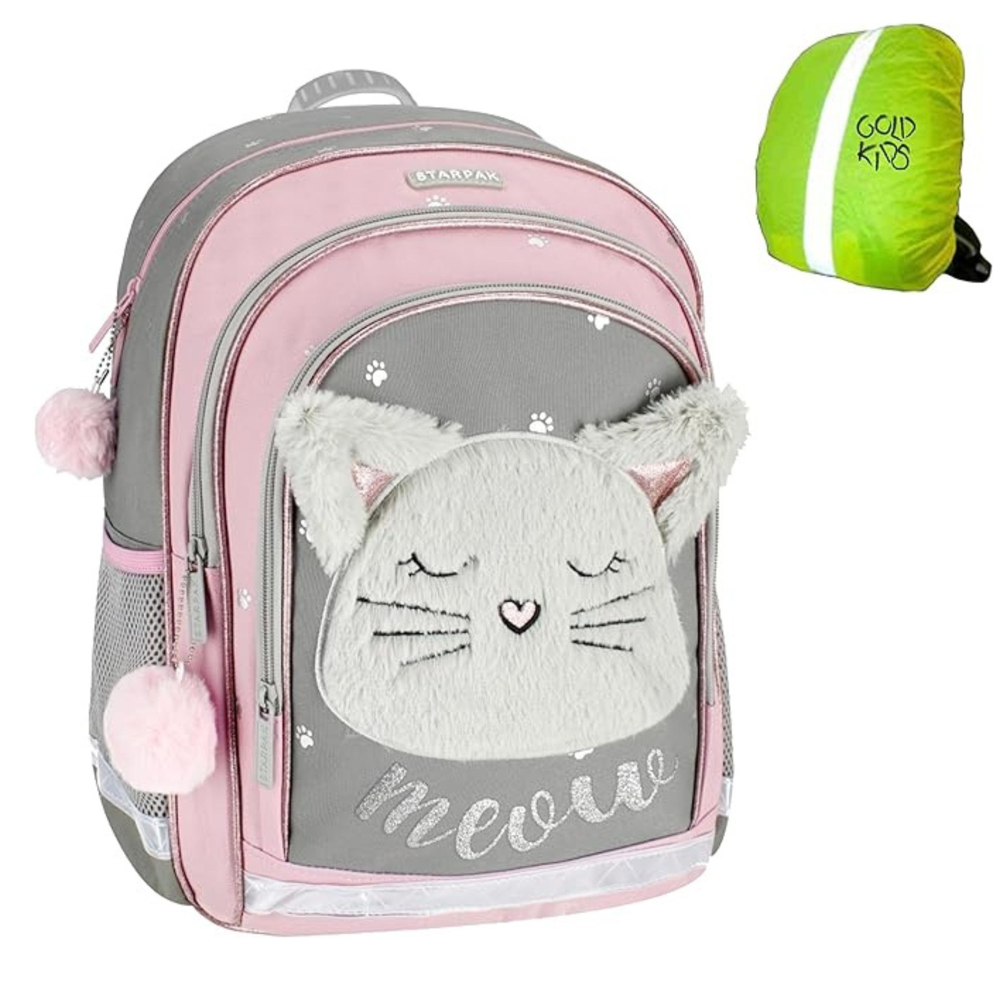 GOLDKIDS Schulranzen Schulrucksack Rucksack (Katze Kitty Cat Motiv Plüsch, 1-tlg., Ranzen Tornister Schulltasche), Mädchen inkl. Regenschutz