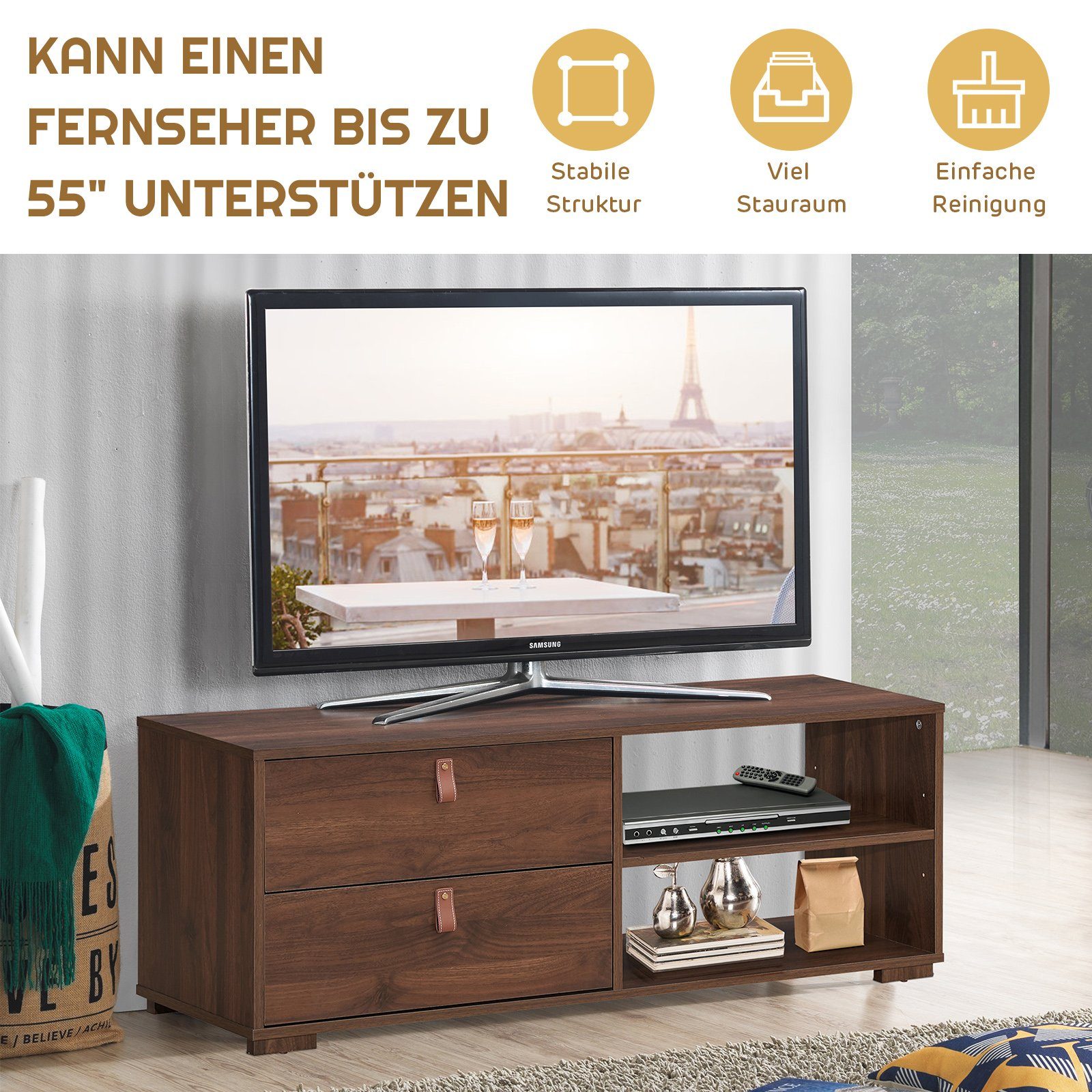 verstellbarem Regal, Schubladen TV-Schrank 120cm mit COSTWAY und 2