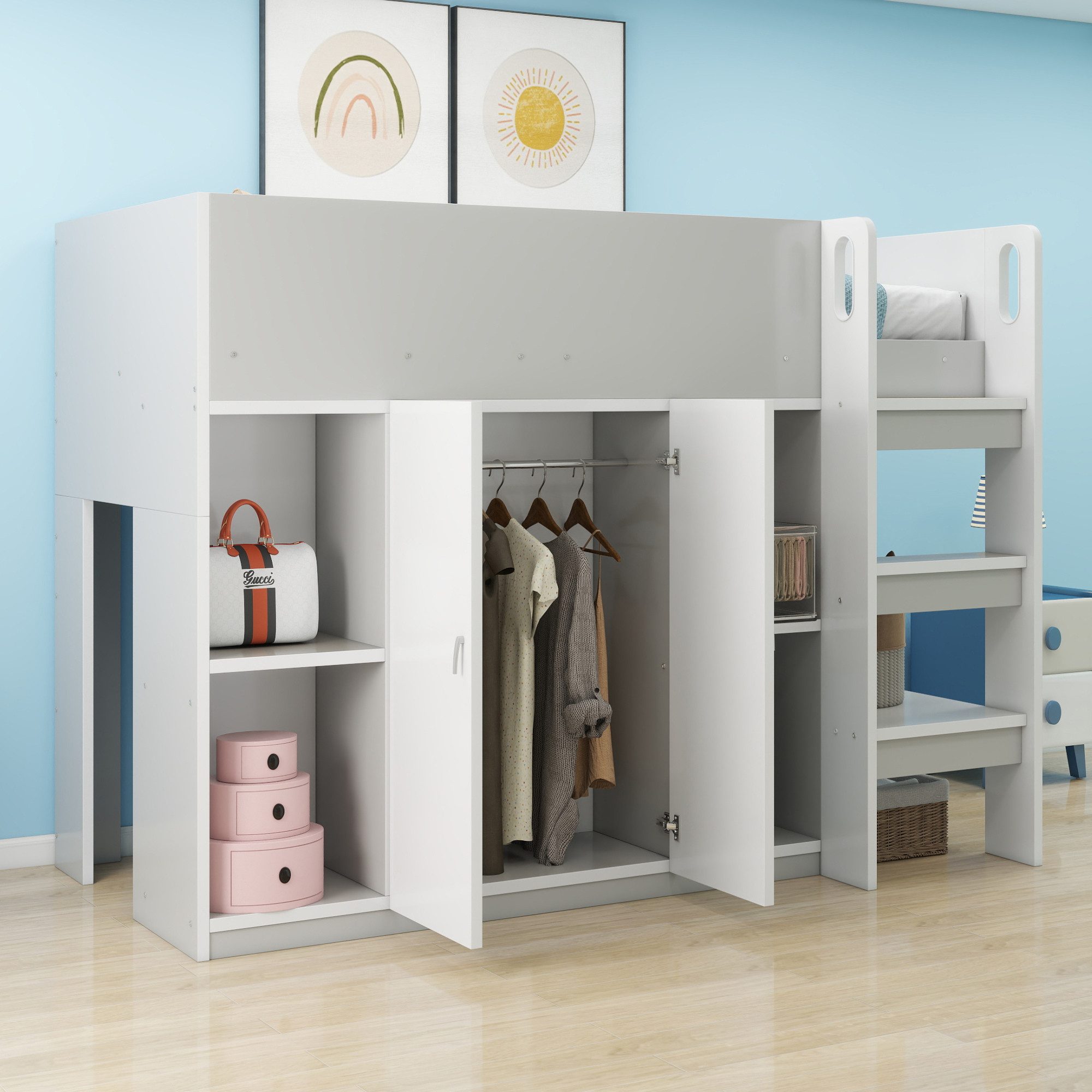 Flieks Hochbett Kinderbett 90x200cm mit Kleiderschrank, günstig online kaufen