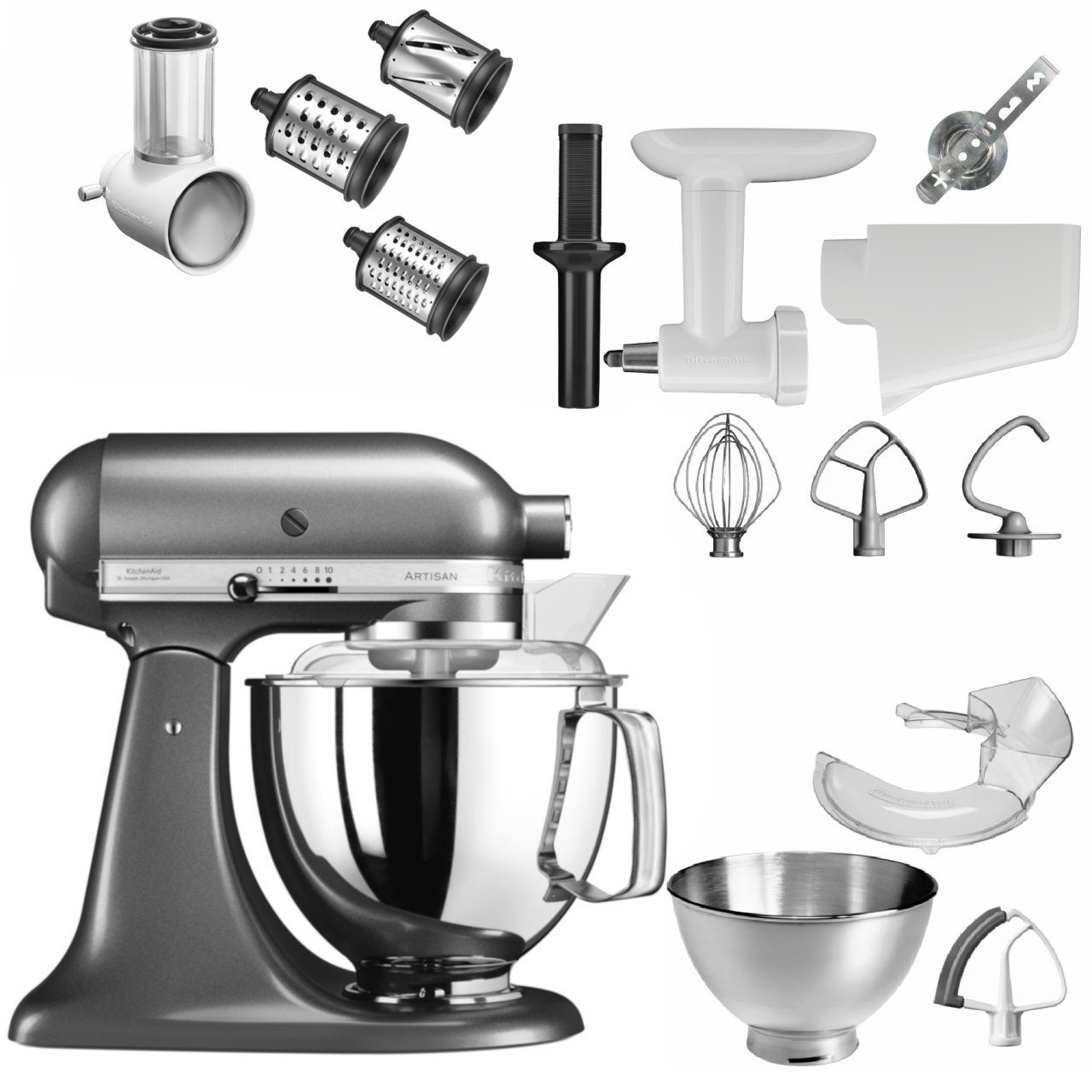 KitchenAid Küchenmaschine KitchenAid 4,8 L 5KSM175 Artisan Küchenmaschine Set 4 Medaillion Silber | Multifunktionsküchenmaschinen