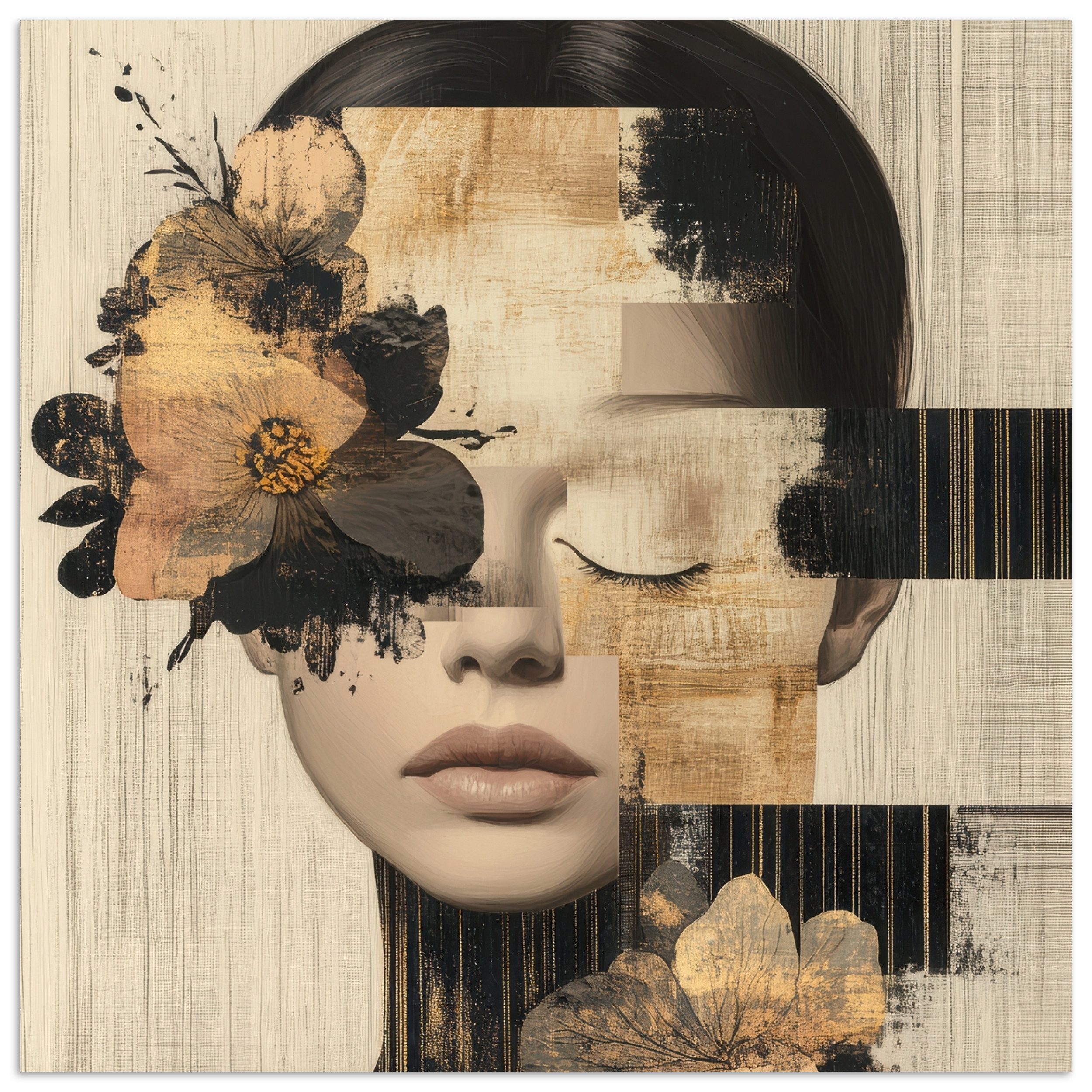 MuchoWow Poster Gesicht - Blumen - Schwarz - Frau, (1 St), Wandbild, Wohnzimmer Deko, Qualitätsdruck Dickes Papier, 75x75 cm