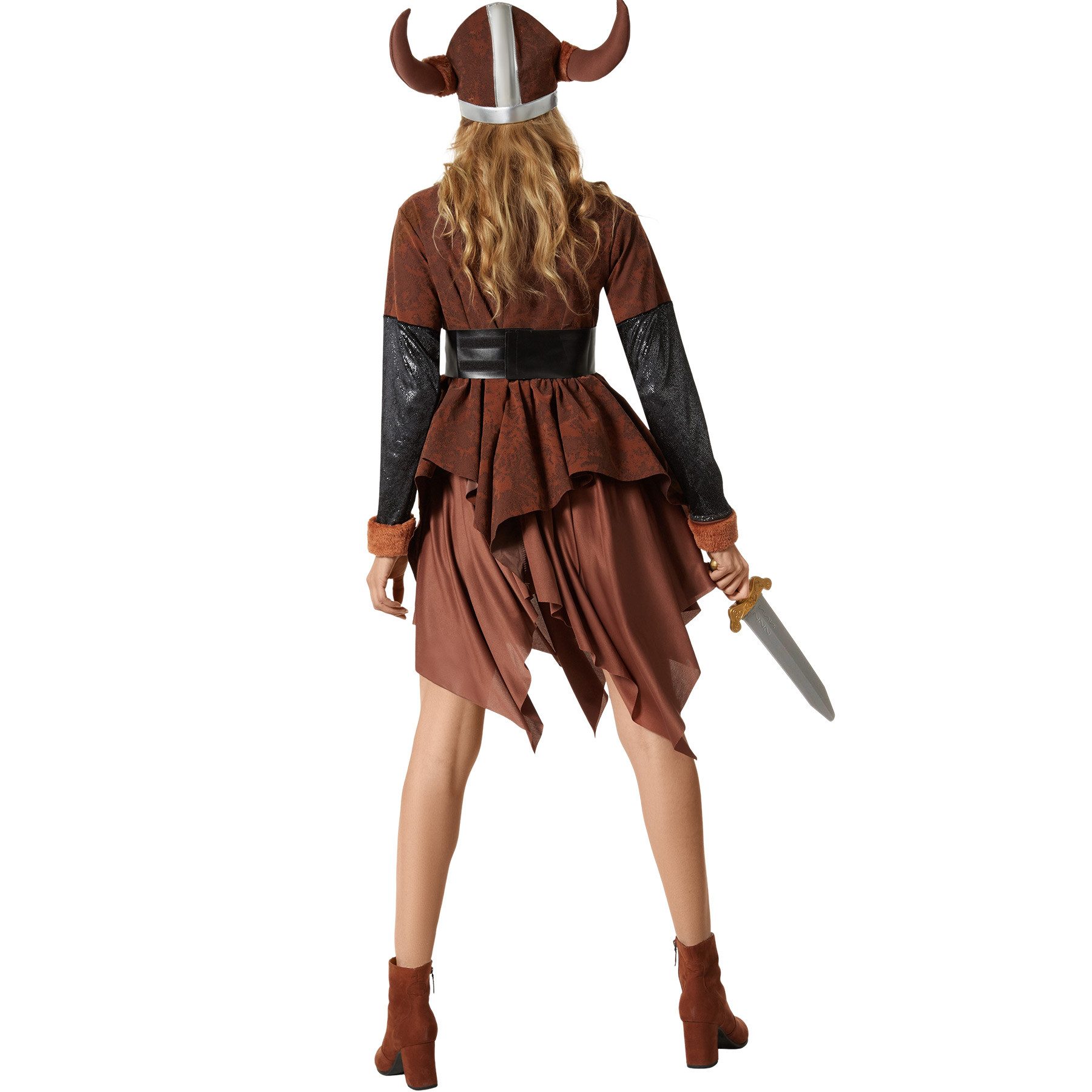 dressforfun Wikinger-Kostüm Nordfrau/Kriegerin Wikinger, in schwarz/braun, Konfektionsgröße XL, Knielanges Kleid mit passenden Accessoires, Komplettes Set: Mit Gürtel