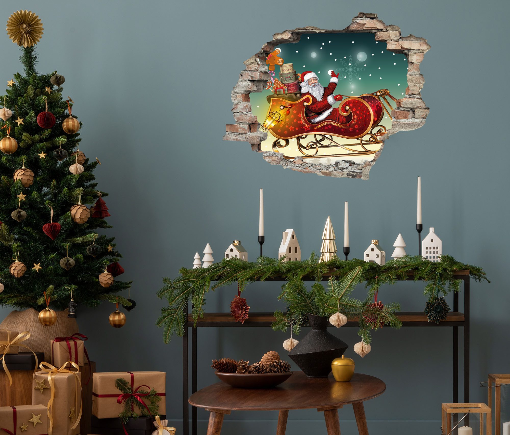 queence 3D-Wandtattoo Weihnachtmann mit Geschenken im Schlitten (1 St), selbstklebender Wandsticker Weihnachten