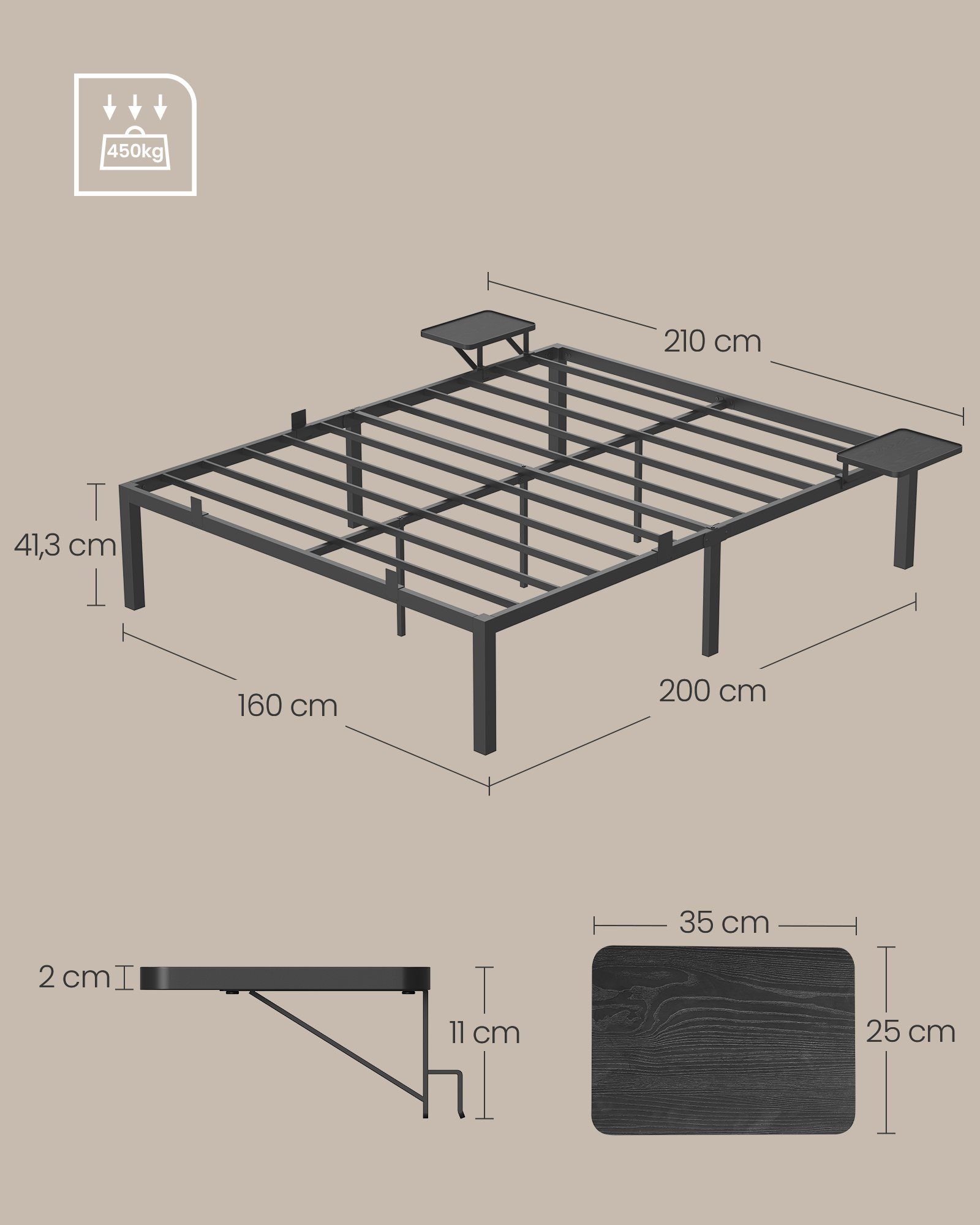 VASAGLE Bettgestell aus Metall mit Lattenrost und Ablagen, einfach zu montieren (160 x 200 cm), Doppelbettgestell, 160 x 200 cm, Ablagen, bis 450 kg belastbar – Bild 5 von 5
