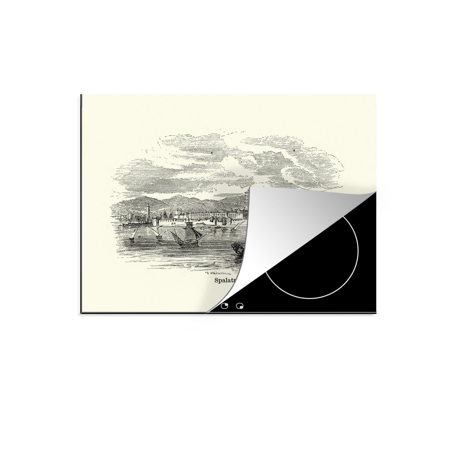 MuchoWow Herdblende-/Abdeckplatte Eine alte Illustration von Split in Dalmatien, Vinyl, (1 tlg), 60x52 cm, Mobile Arbeitsfläche nutzbar, Ceranfeldabdeckung