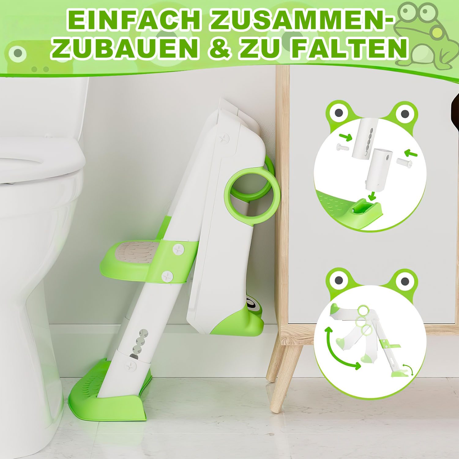 HEYHIPPO Toilet Trainer Children's Toilet Seat with Steps, Non-Slip, PU Upholstery, Foldable, Children's Toilet Trainer, Non-Slip, Ergonomic, Grey-Green, 59x38x34cm