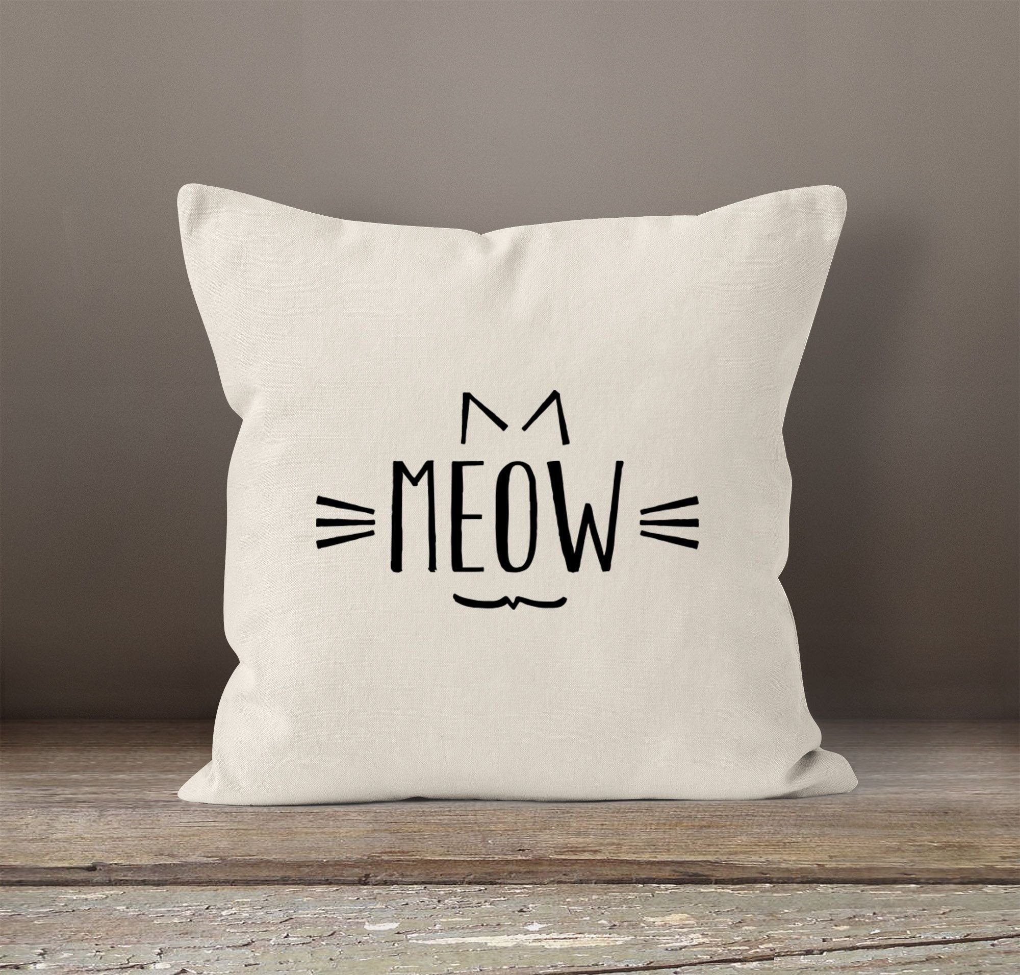 MoonWorks Dekokissen Kissenbezug Meow Miau Baumwolle Moonworks Cat Katze Dekokissen 40x40 Kissenhülle natur