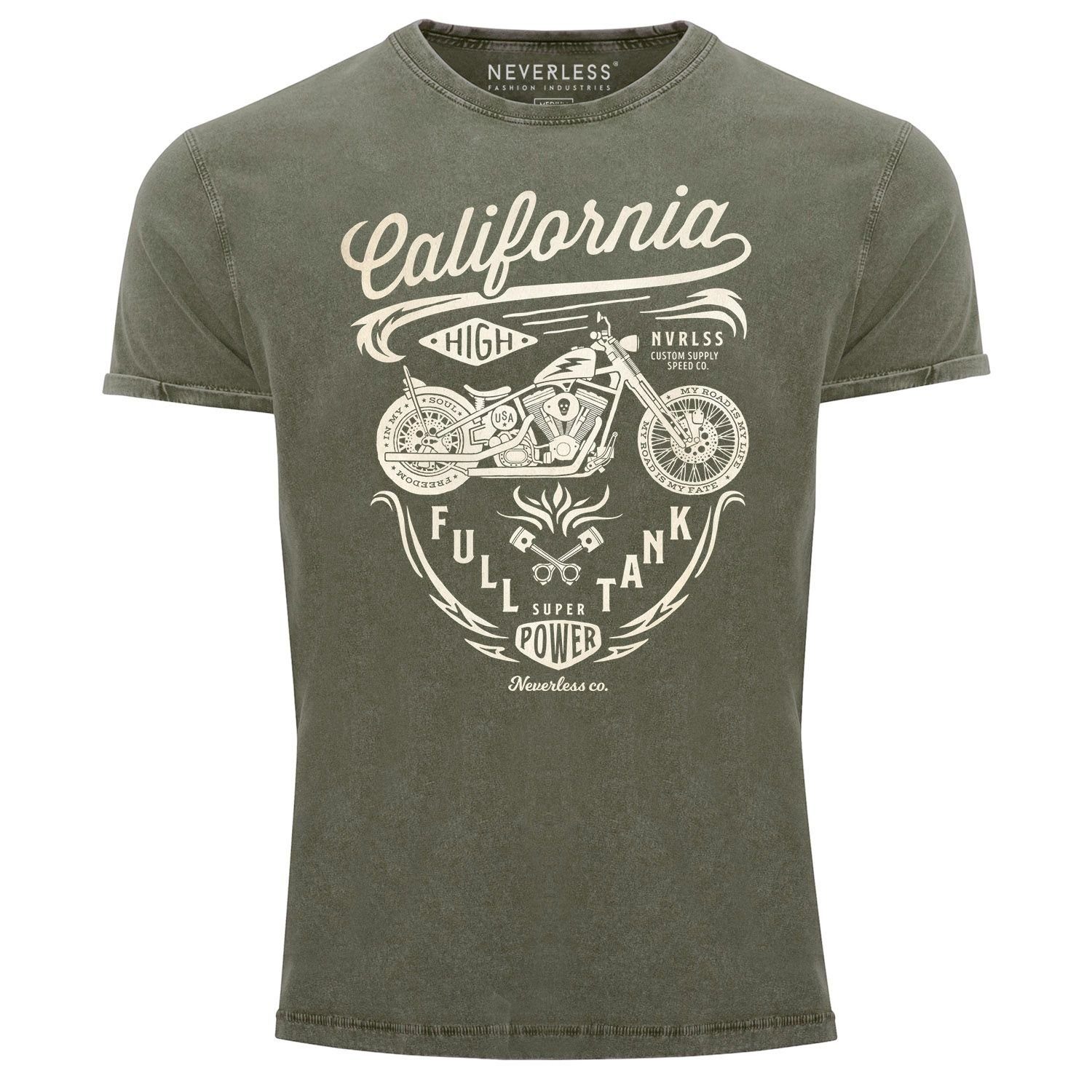 Neverless Print-Shirt Herren Vintage Shirt Biker Motorrad Schriftzug California Full Tank Used Look Slim Fit Neverless® mit Print oliv | T-Shirts