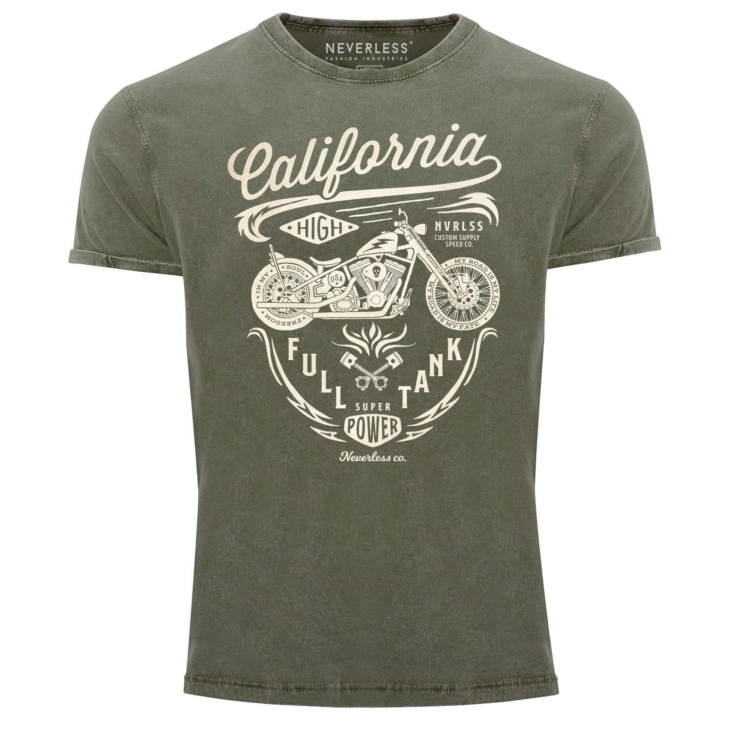 Motorrad Full mit Used Schriftzug Print Neverless® Vintage Neverless California Tank oliv Slim Print-Shirt Biker Shirt Herren Fit Look